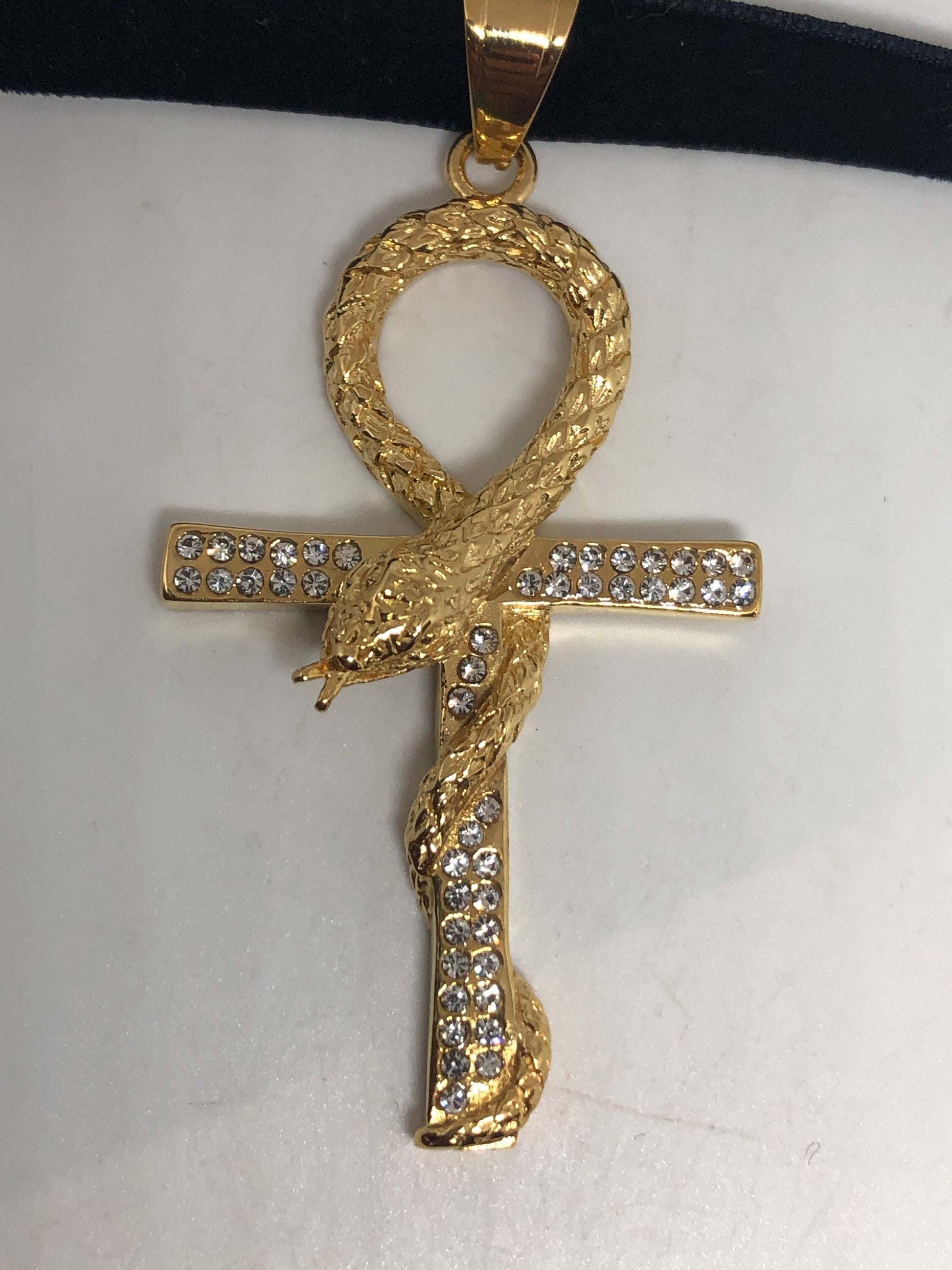 Vintage Golden Stainless Steel Snake Ankh Pendant Necklace