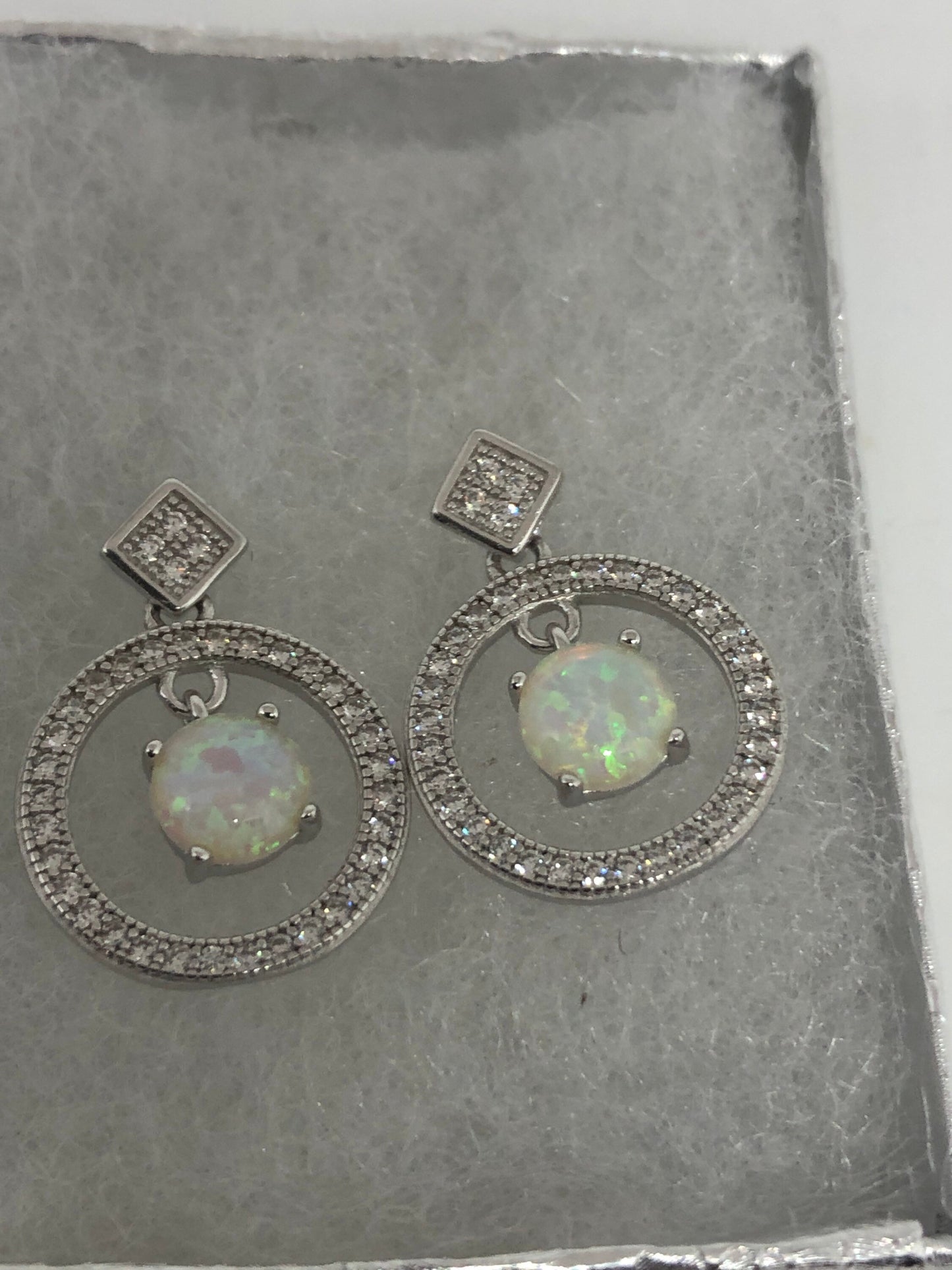 Vintage White Opal Earrings White Sapphire 925 Sterling Silver Dangle