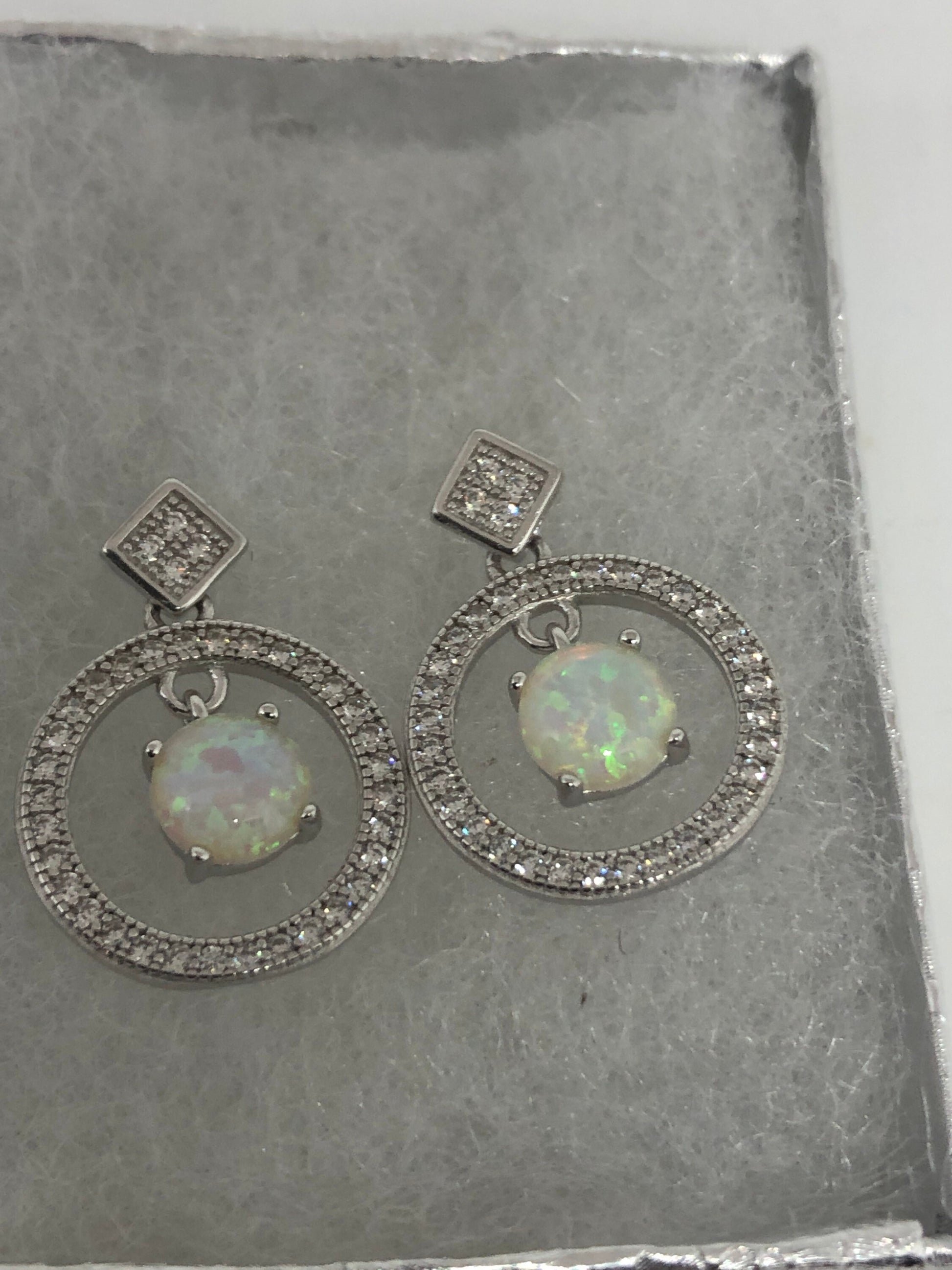 Vintage White Opal Earrings White Sapphire 925 Sterling Silver Dangle