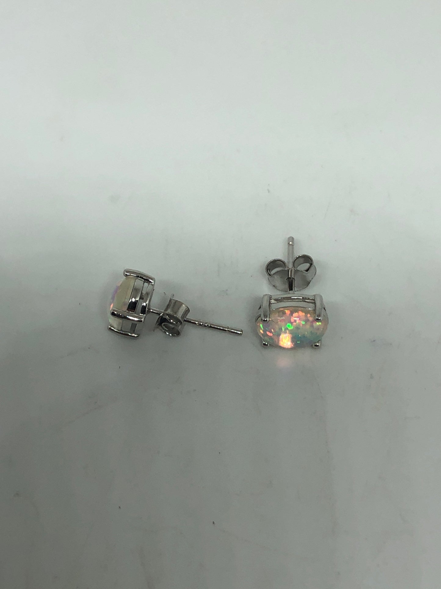 Vintage Opal Earrings 925 Sterling Silver Stud Button