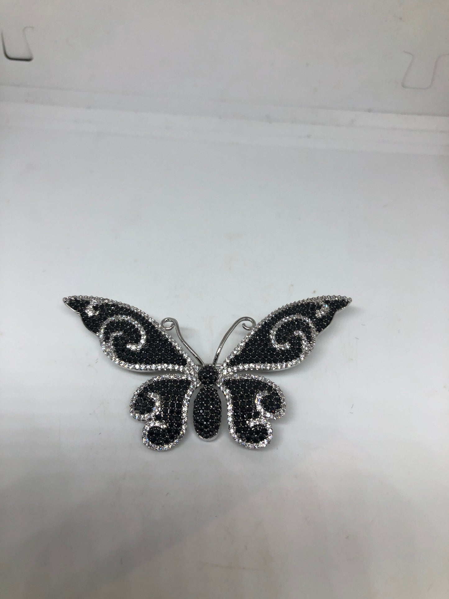 Vintage Black Crystal Gothic Styled Silver Finished Butterfly Broach