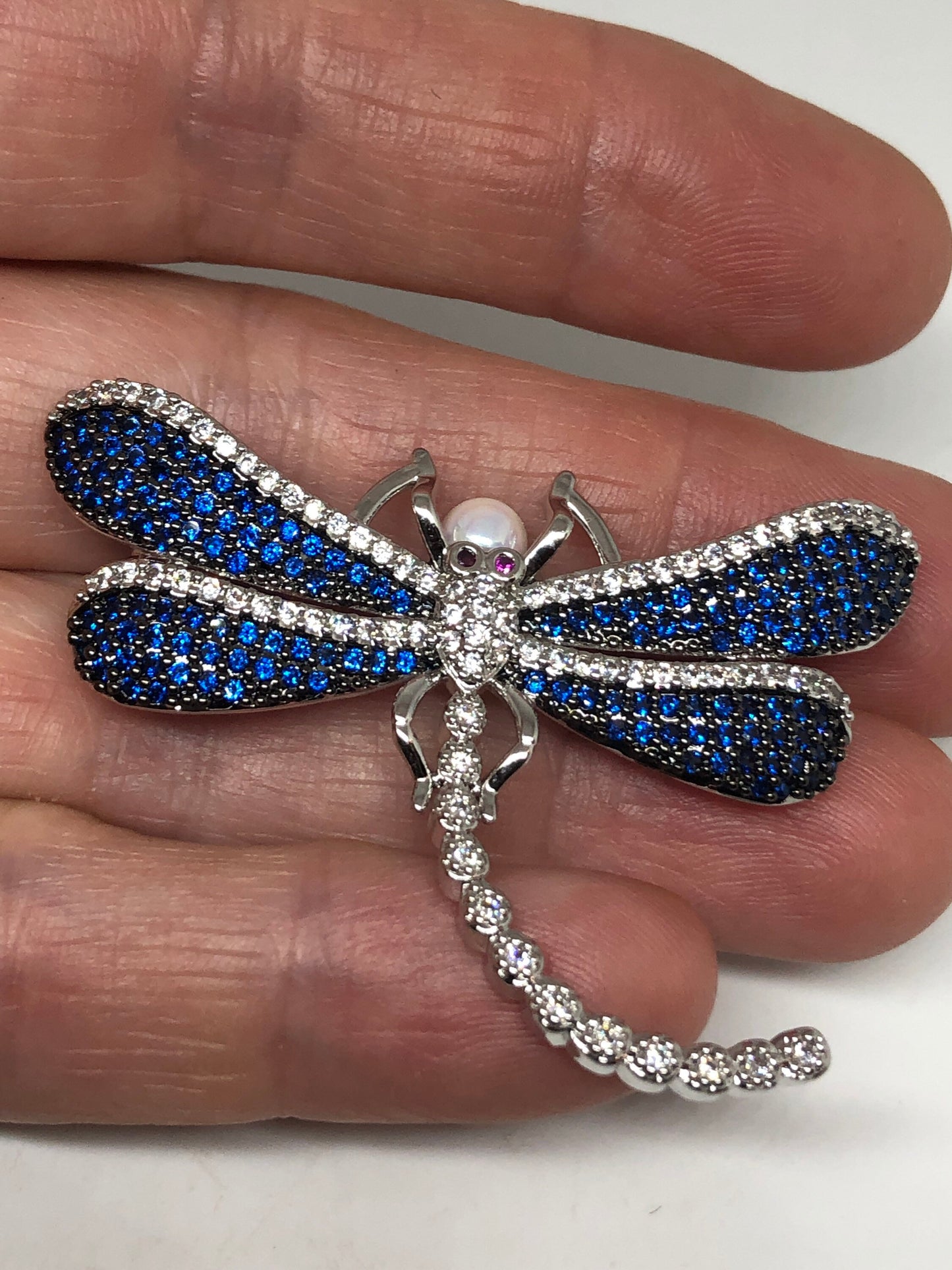 Vintage Blue Crystal Gothic Styled Silver Finished Dragonfly Necklace Broach