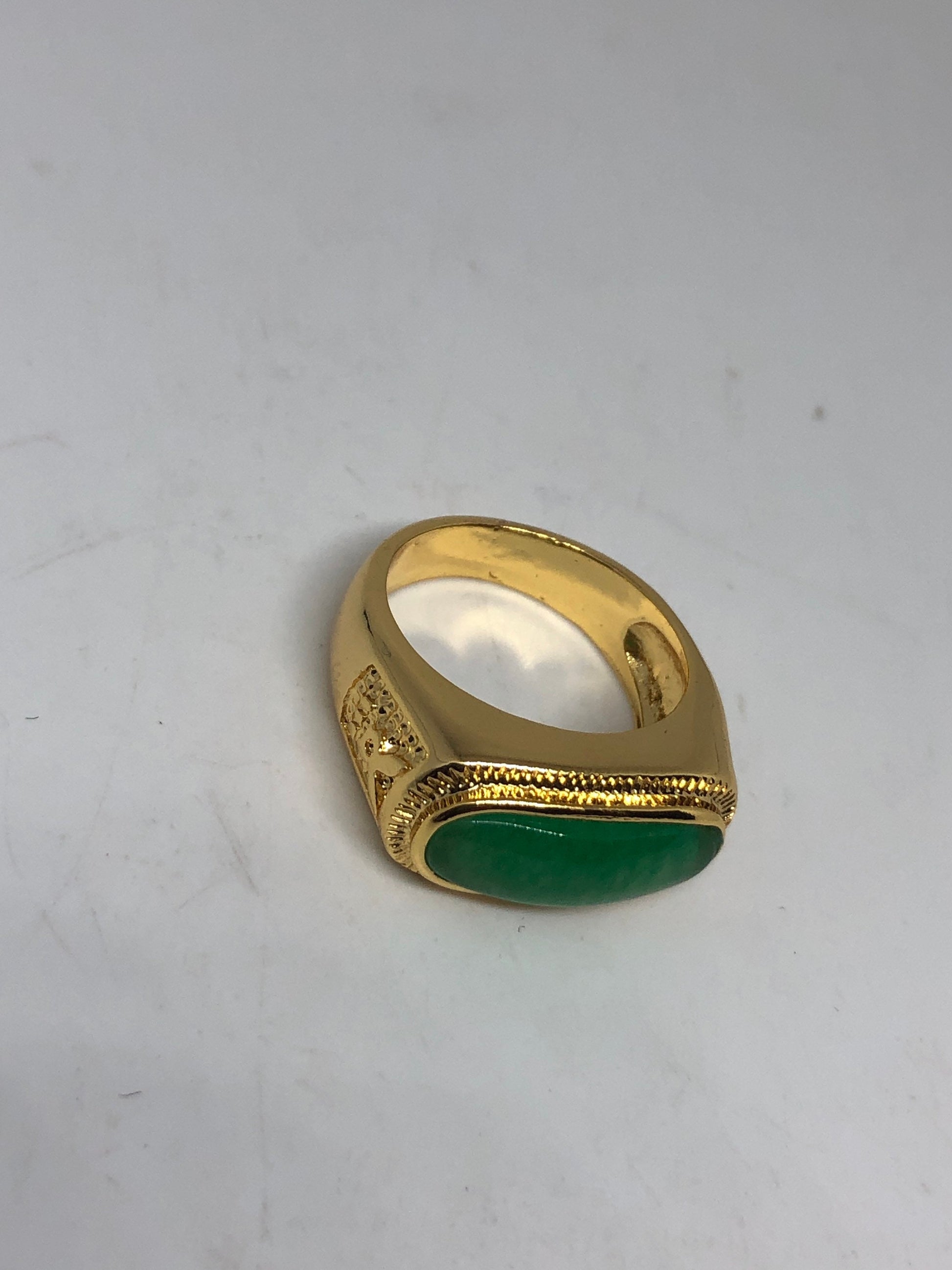 Vintage Lucky Green Nephrite Jade Gold Rhodium ring