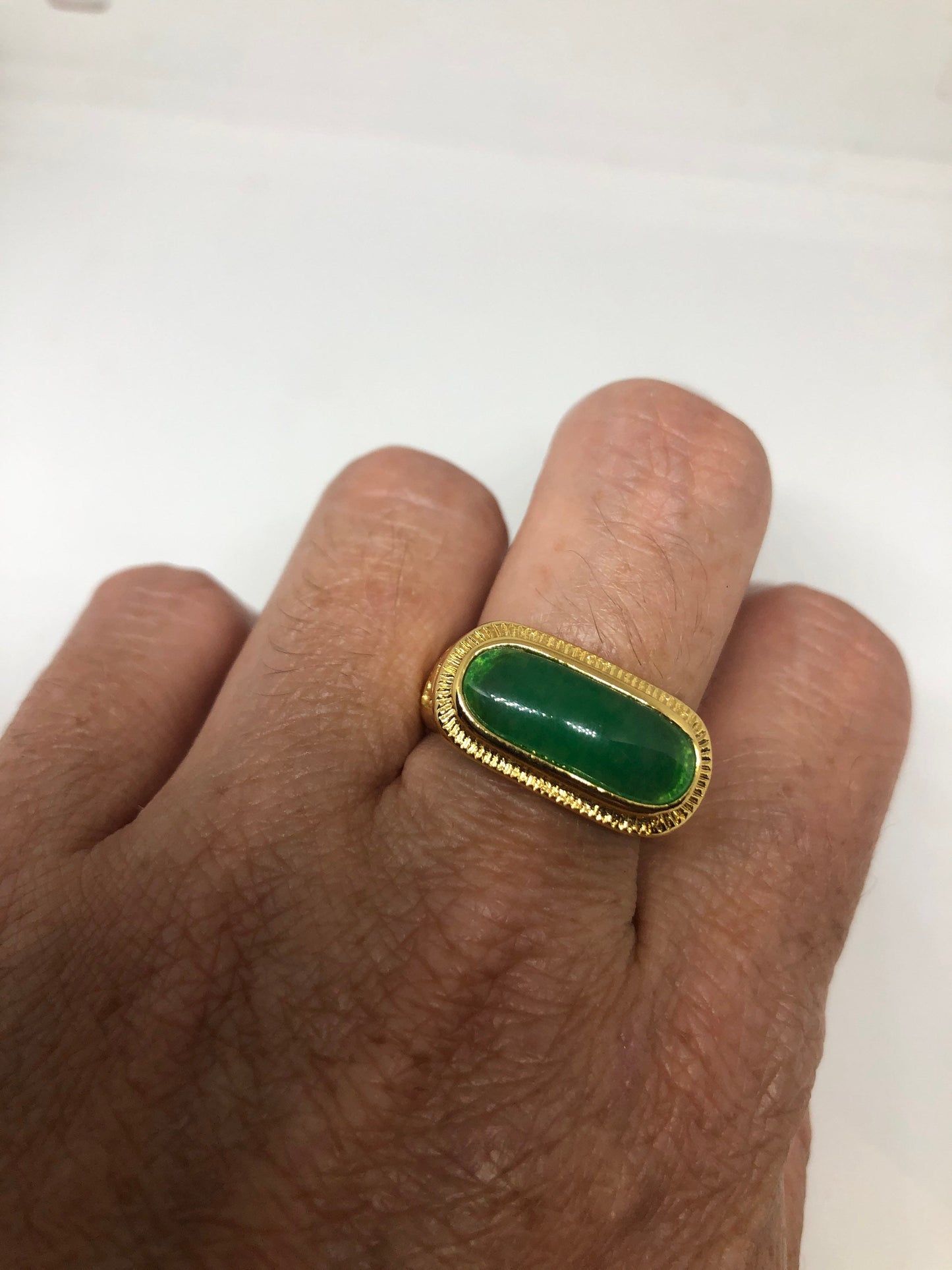Vintage Lucky Green Nephrite Jade Gold Rhodium ring