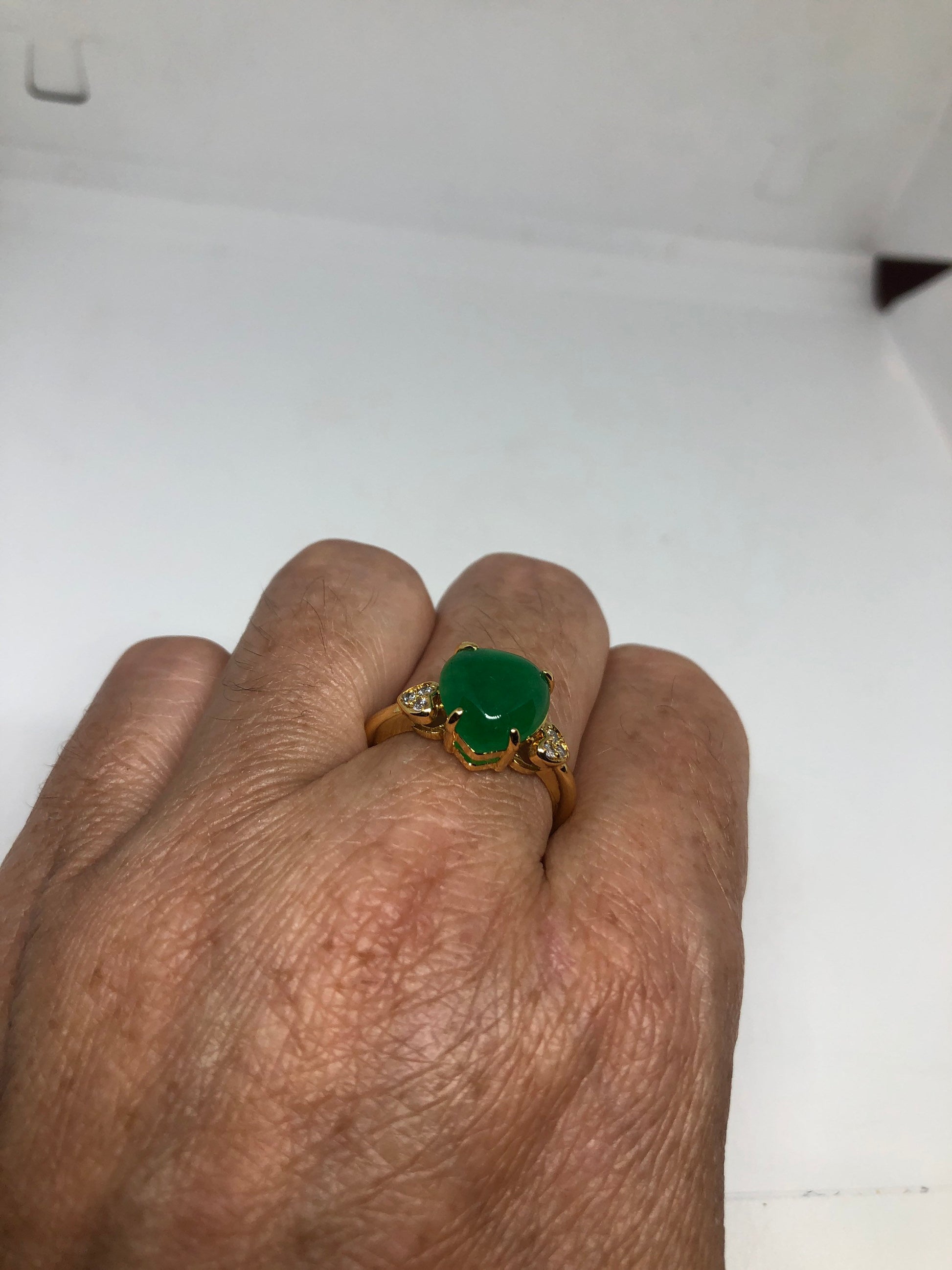 Vintage Lucky Green Nephrite Jade Heart Gold Rhodium Ring