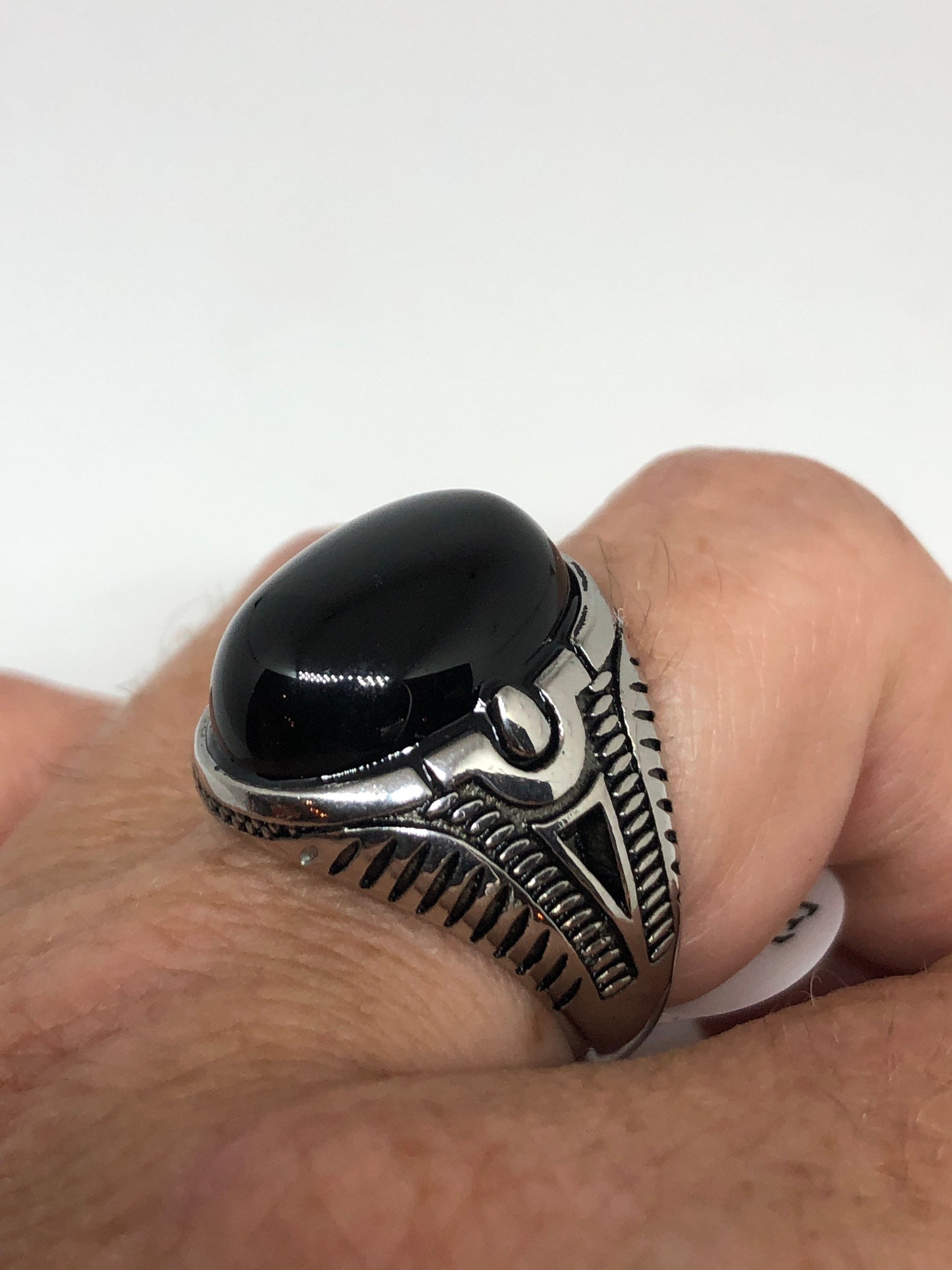 Vintage Gothic Black Onyx Egyptian Stainless Steel Mens Ring