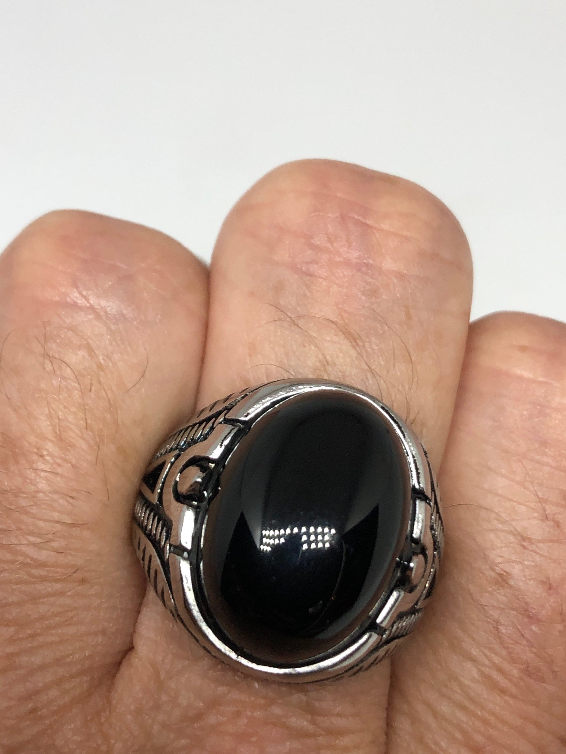 Vintage Gothic Black Onyx Egyptian Stainless Steel Mens Ring