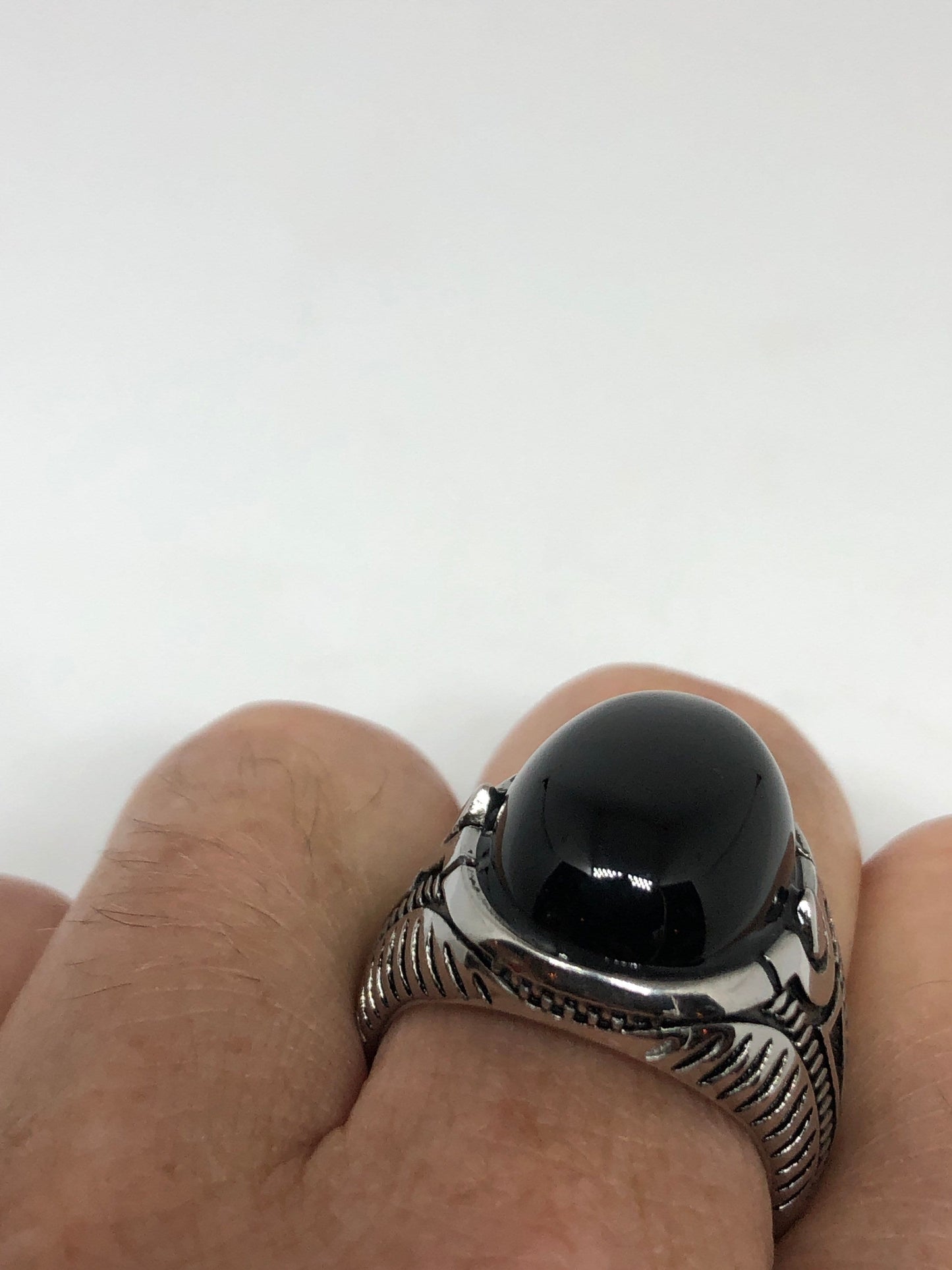 Vintage Gothic Black Onyx Egyptian Stainless Steel Mens Ring