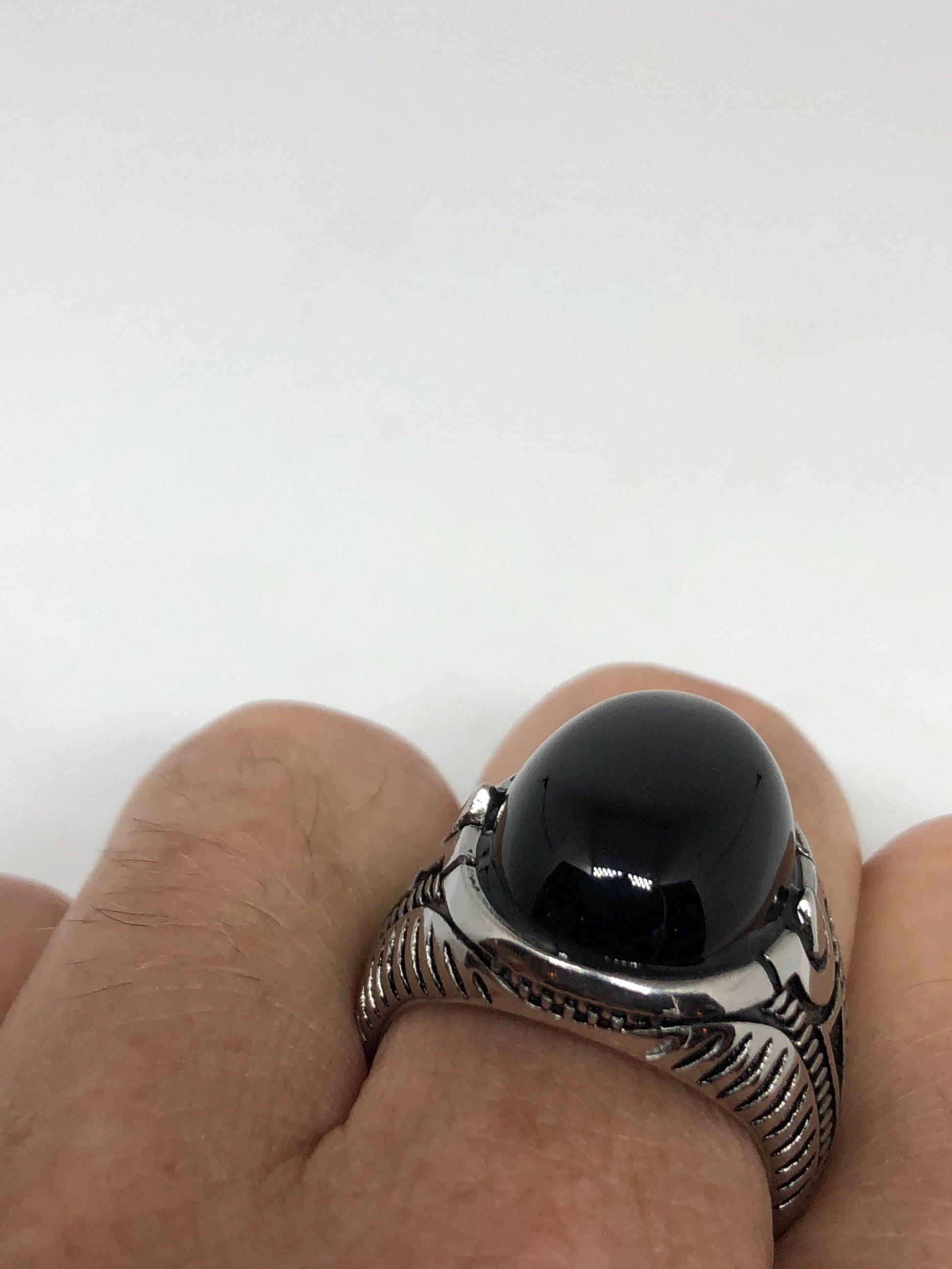 Vintage Gothic Black Onyx Egyptian Stainless Steel Mens Ring