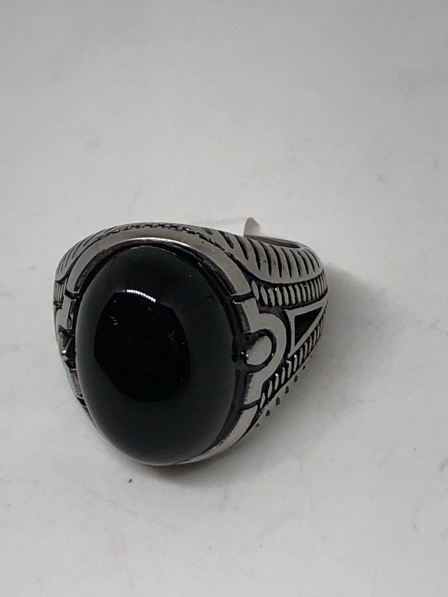 Vintage Gothic Black Onyx Egyptian Stainless Steel Mens Ring