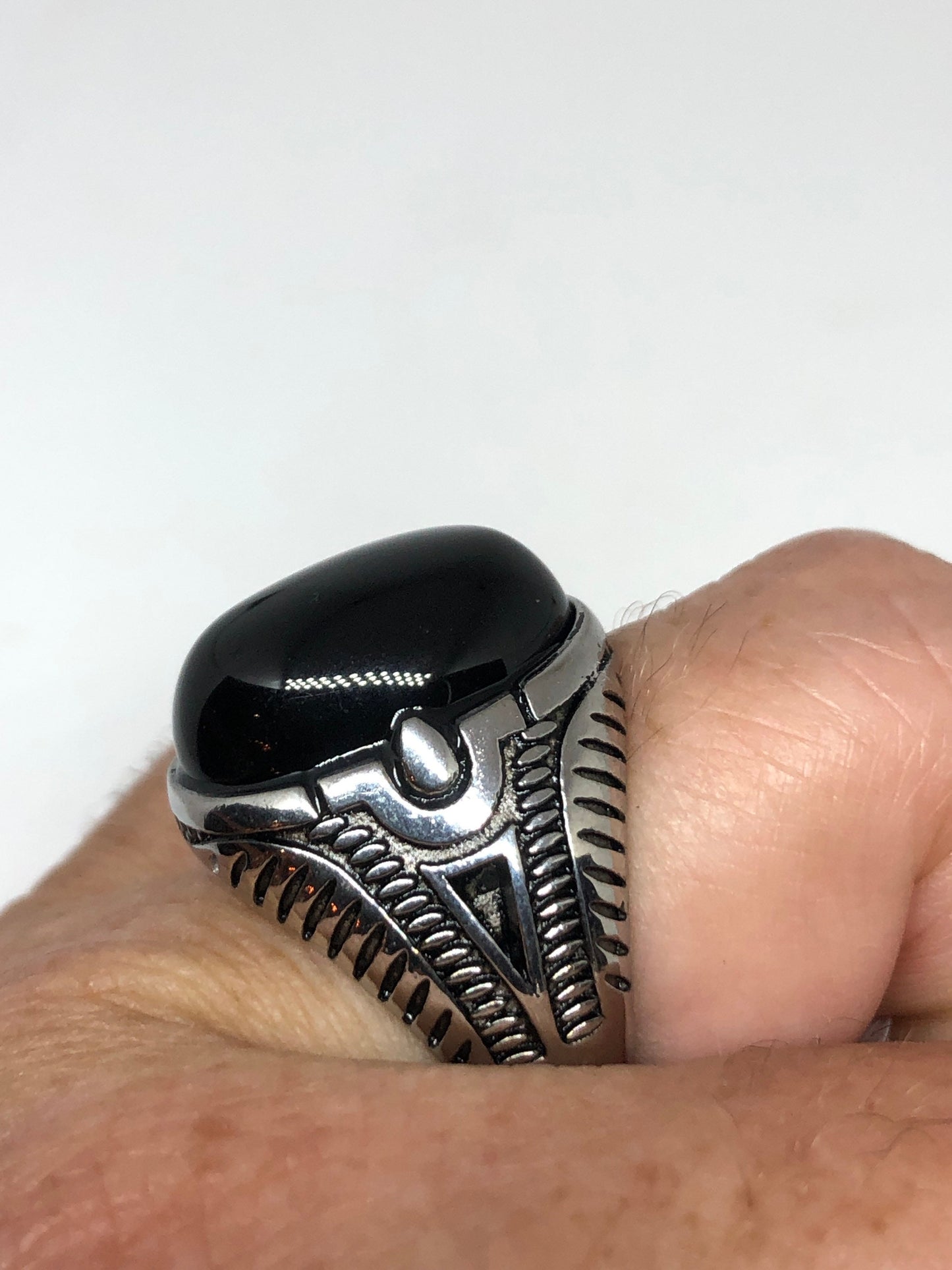 Vintage Gothic Black Onyx Egyptian Stainless Steel Mens Ring