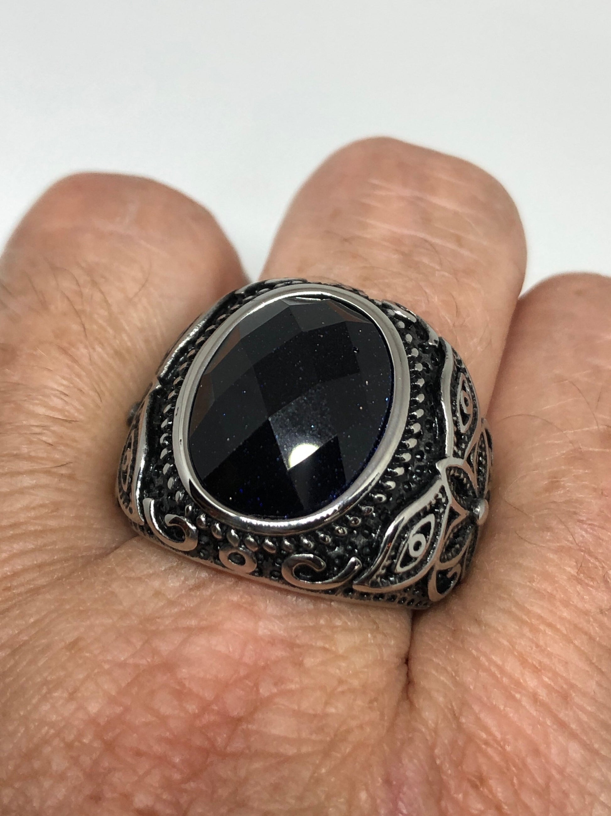 Vintage Gothic Black Goldstone Egyptian Silver Stainless Steel Mens Ring