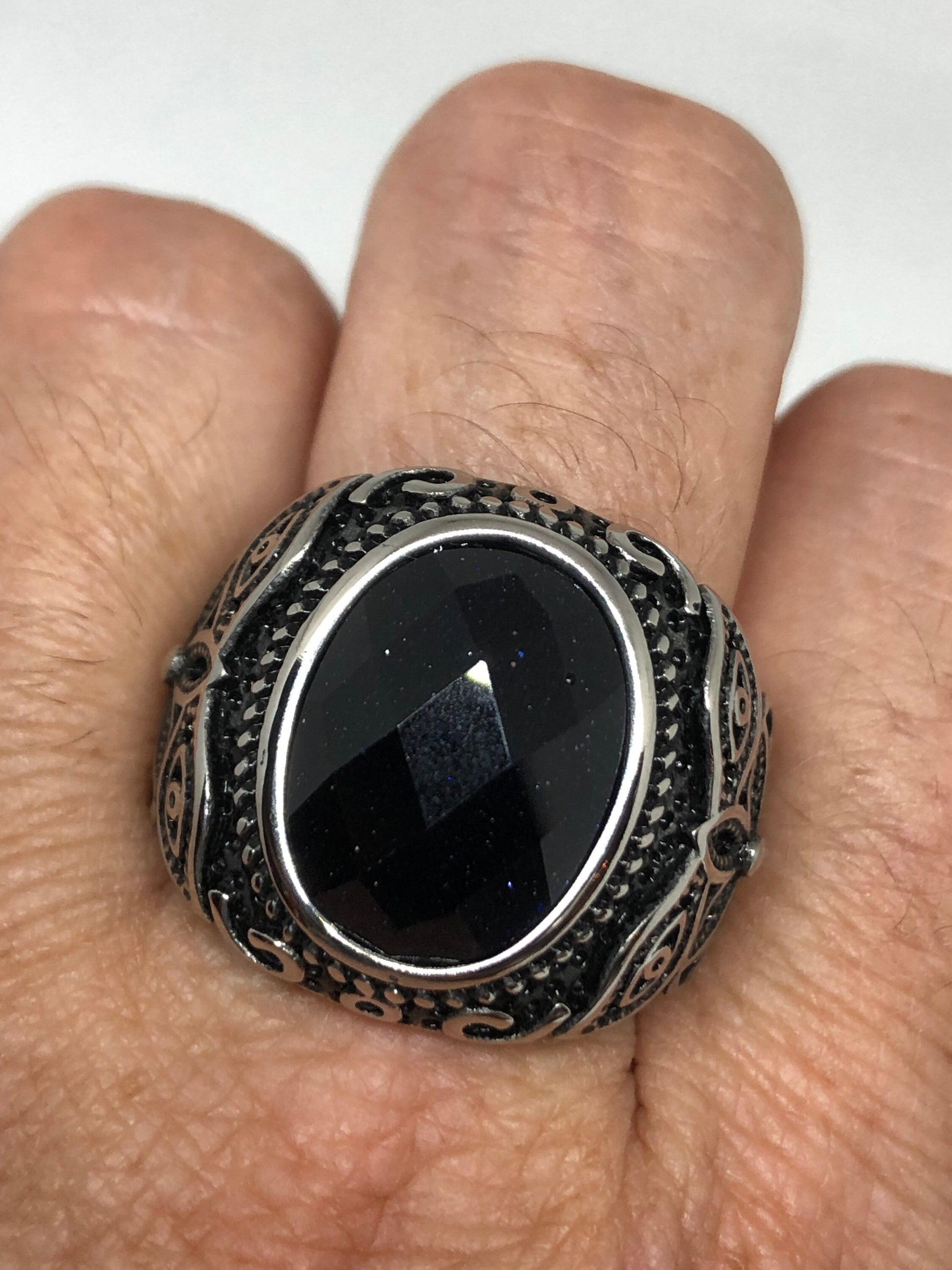 Vintage Gothic Black Goldstone Egyptian Silver Stainless Steel Mens Ring