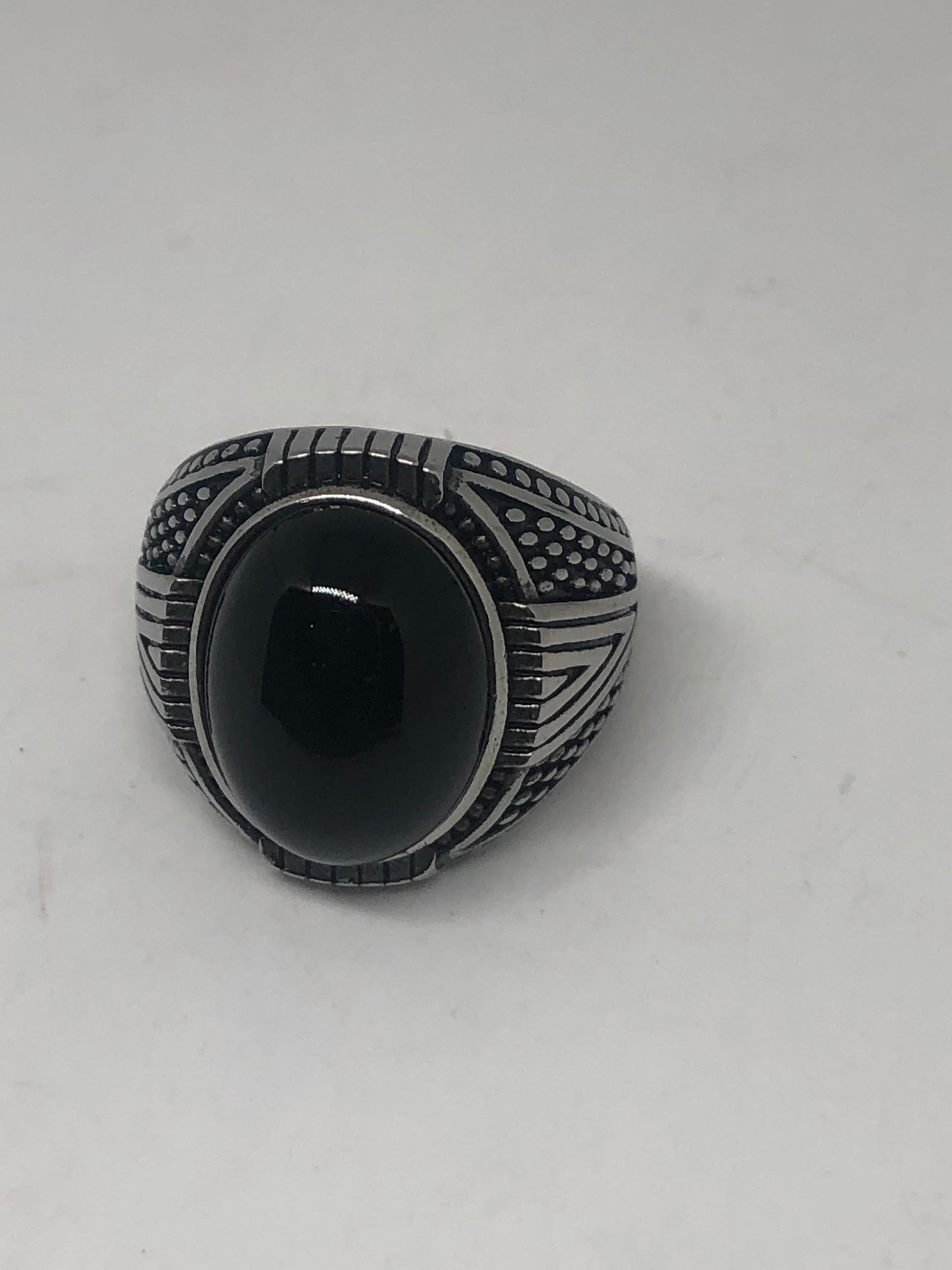 Vintage Gothic Black Onyx Egyptian Stainless Steel Mens Ring