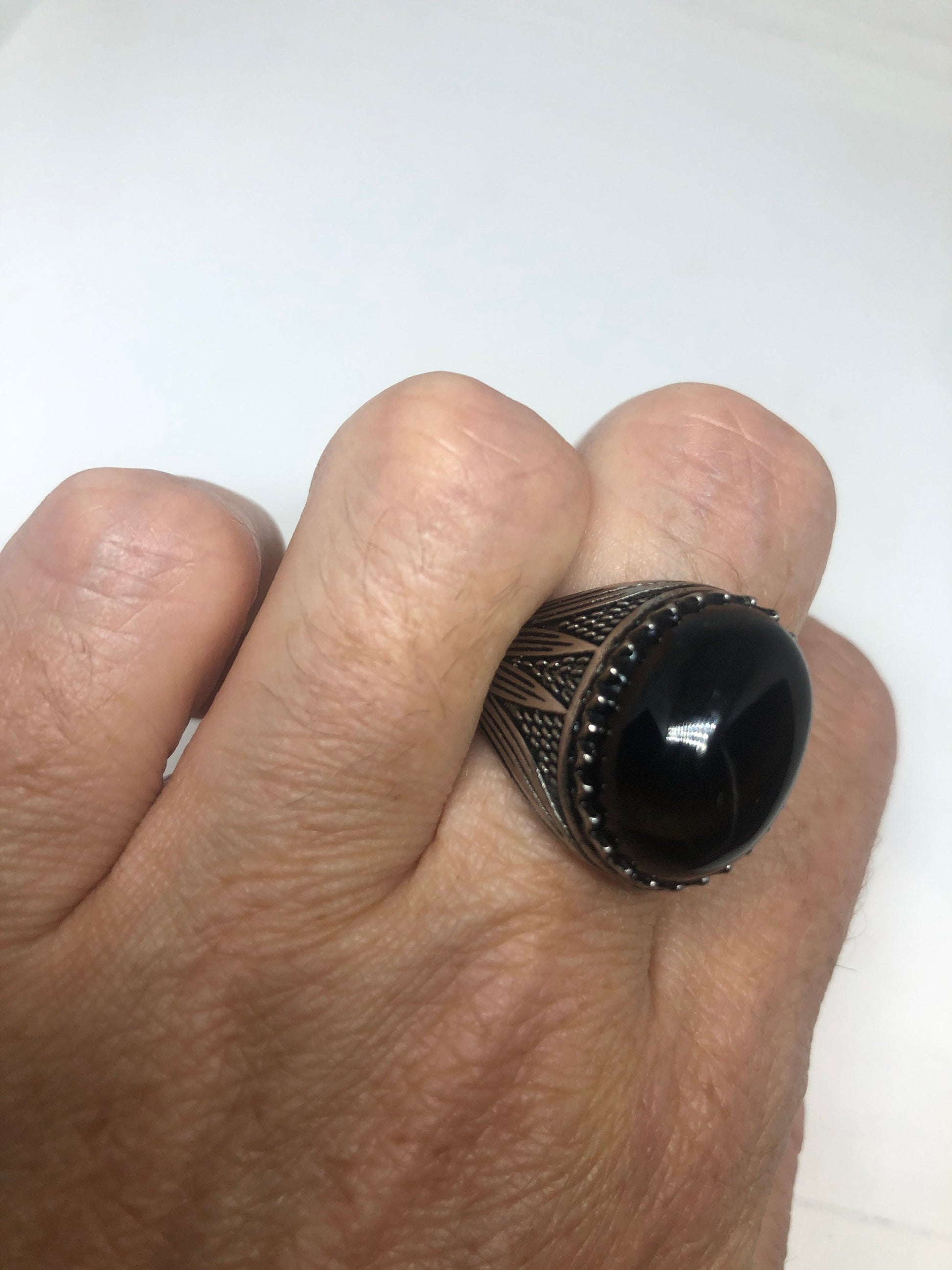Vintage Gothic Black Onyx Egyptian Stainless Steel Mens Ring