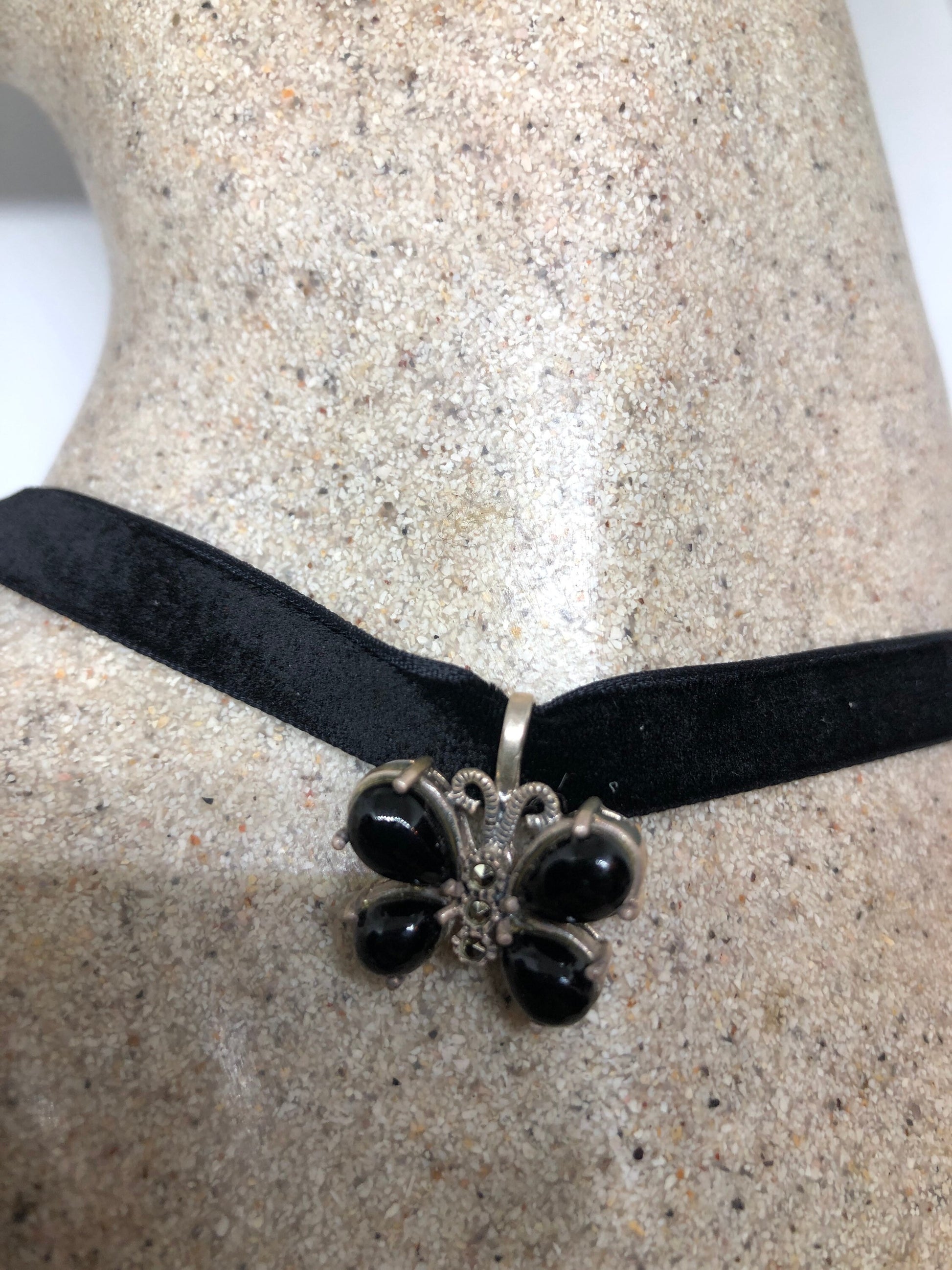 Vintage Black Onyx Marcasite Butterfly Choker 925 Sterling Silver Deco Pendant Necklace