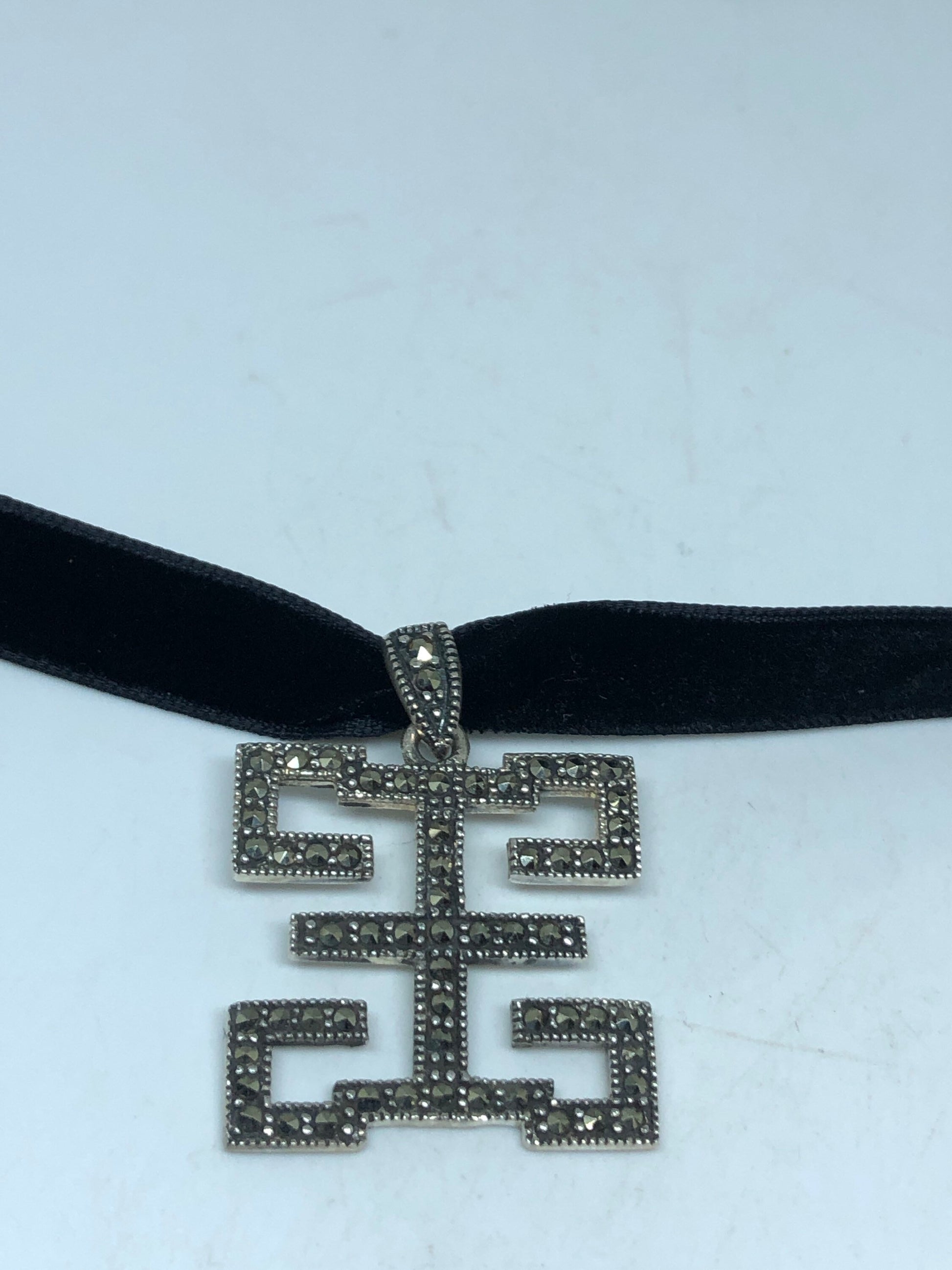Vintage Marcasite Choker 925 Sterling Silver Deco Pendant Necklace