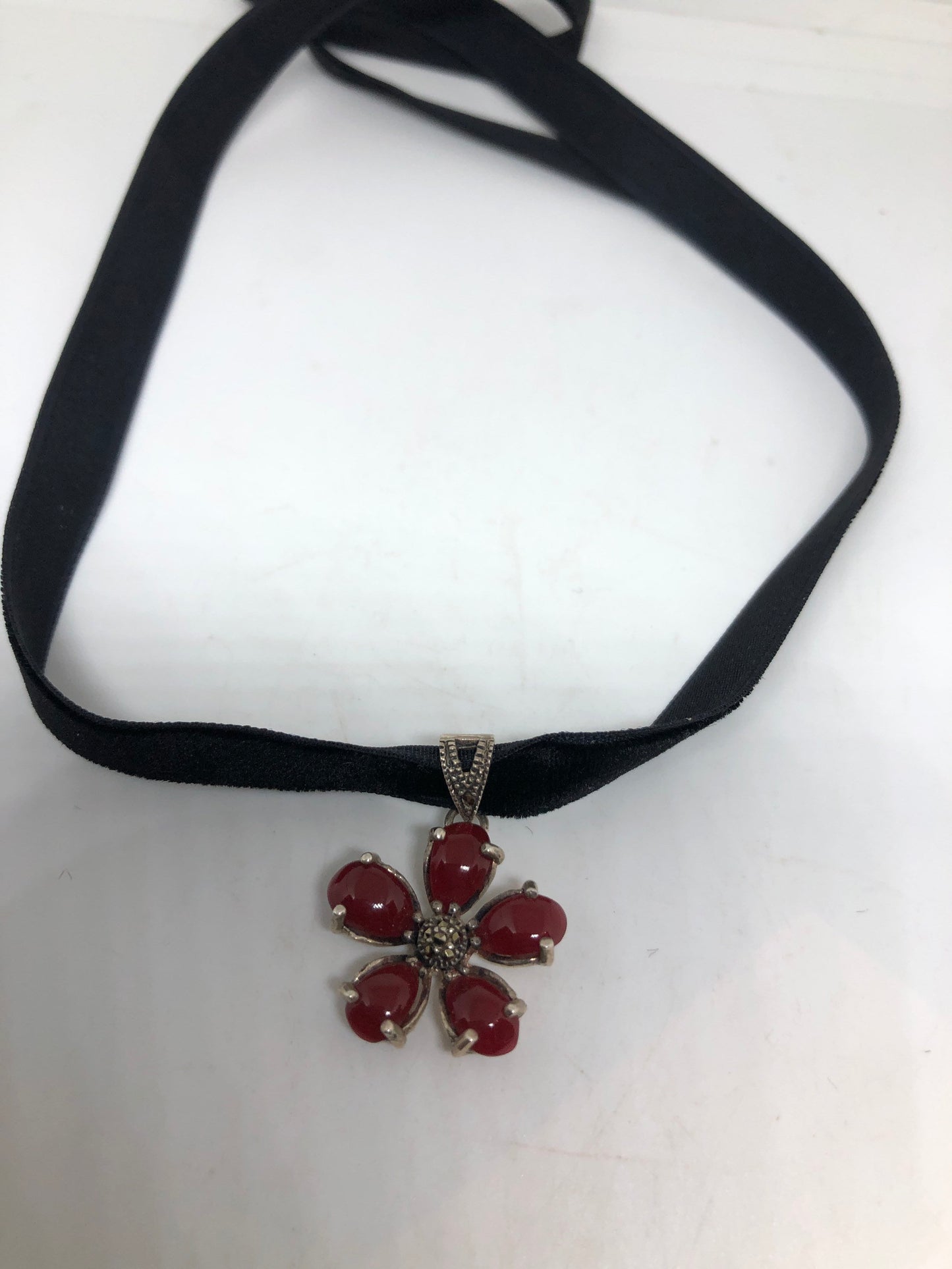 Vintage Flower Necklace, Sterling Silver Marcasite Carnelian Choker