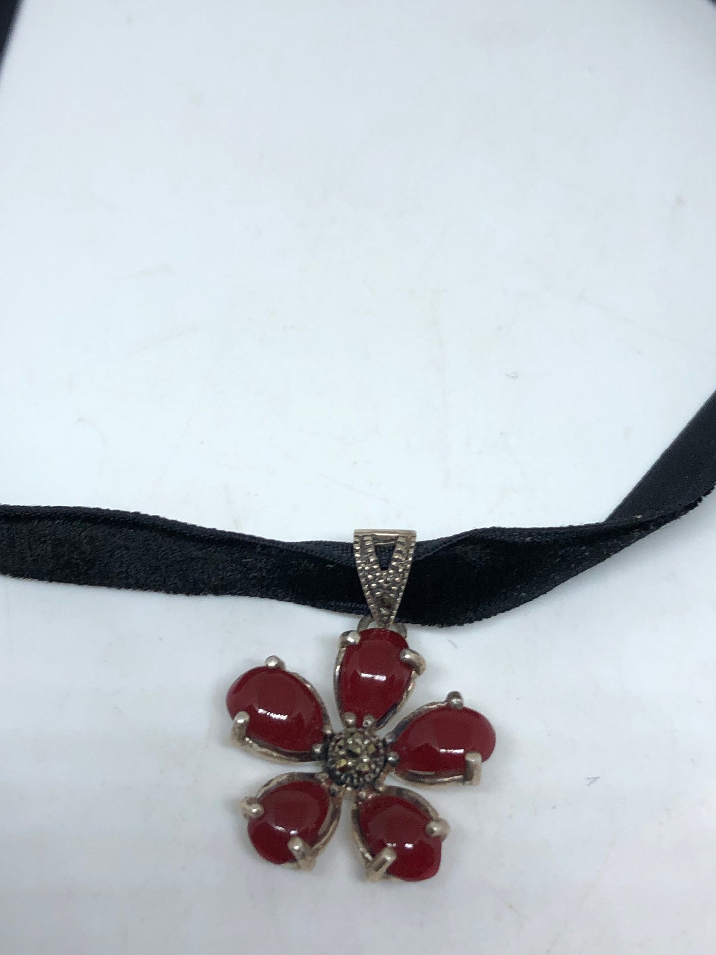 Vintage Flower Necklace, Sterling Silver Marcasite Carnelian Choker