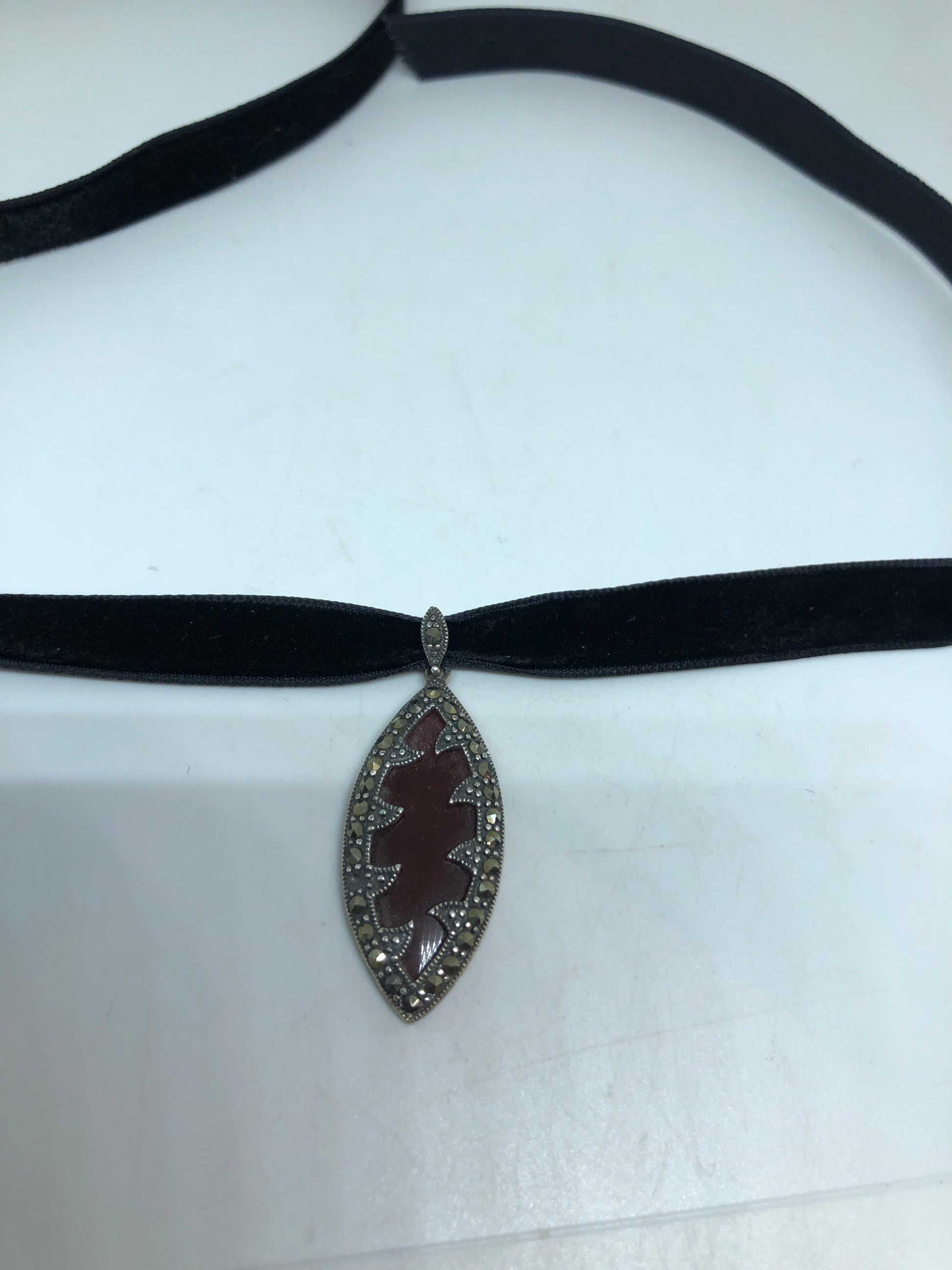 Vintage Necklace, Sterling Silver Marcasite Carnelian Choker