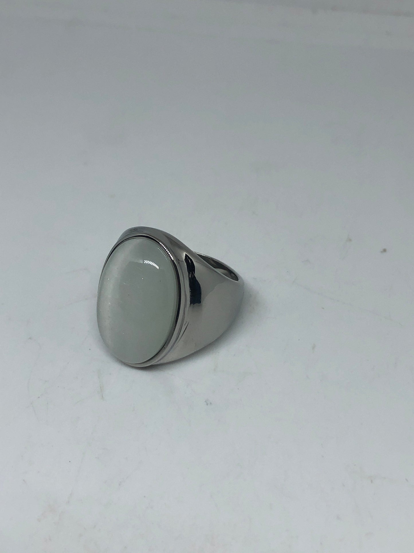Vintage White Cats Eye Glass Mens Ring Stainless Steel