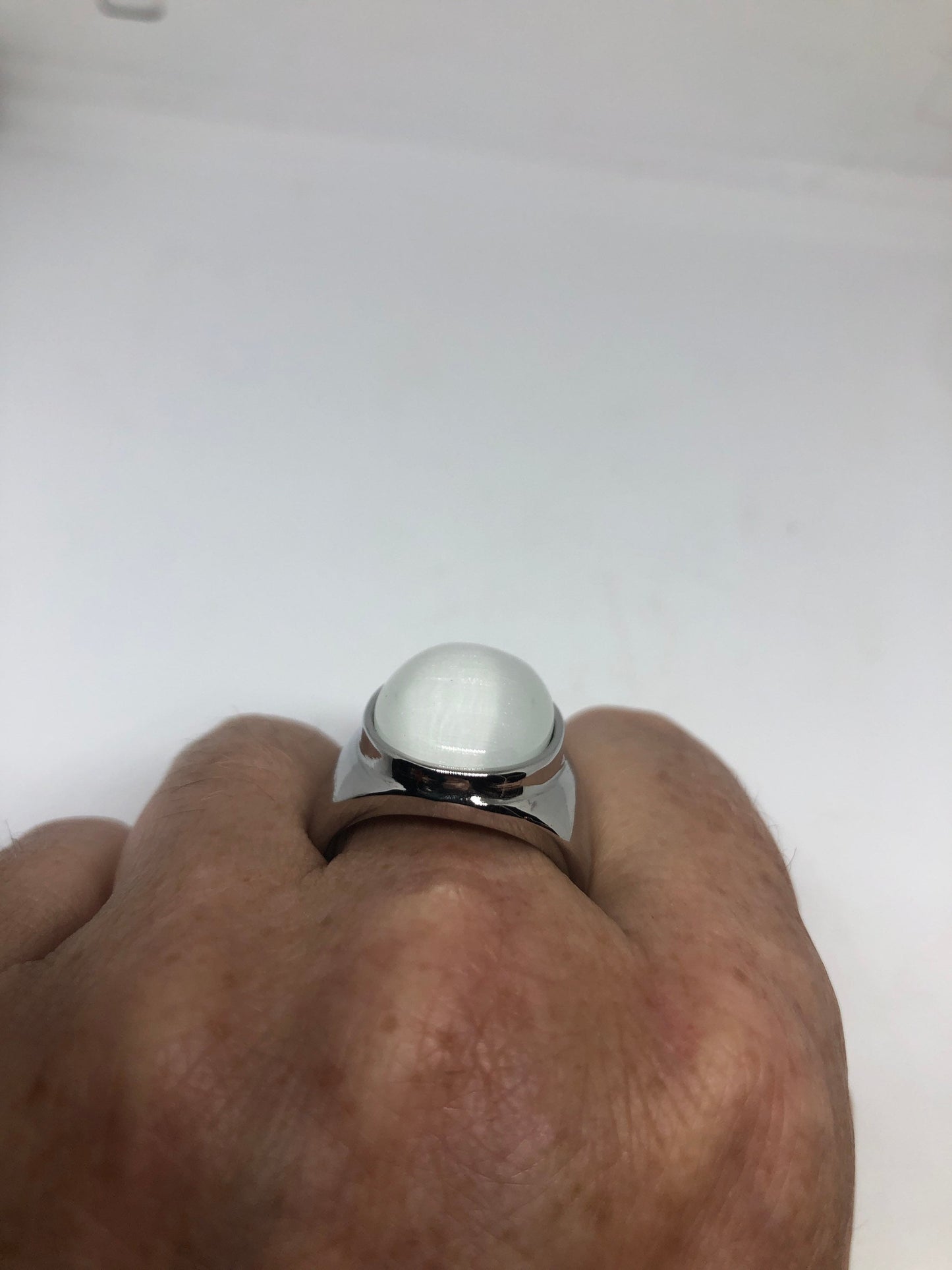Vintage White Cats Eye Glass Mens Ring Stainless Steel