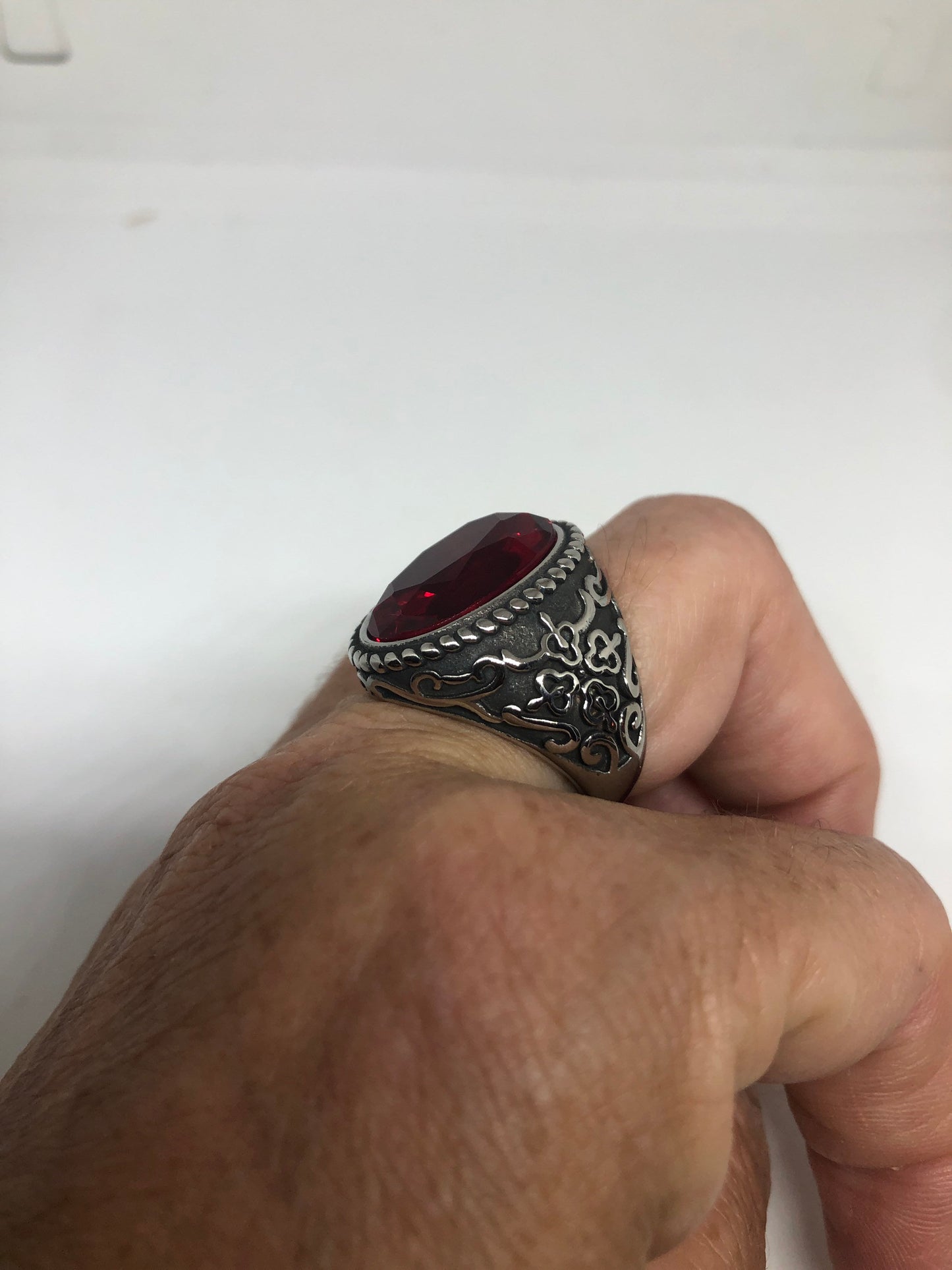 Vintage Red Ruby Glass Mens Ring Stainless Steel