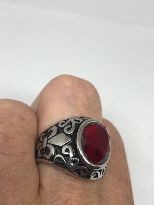 Vintage Red Ruby Glass Mens Ring Stainless Steel