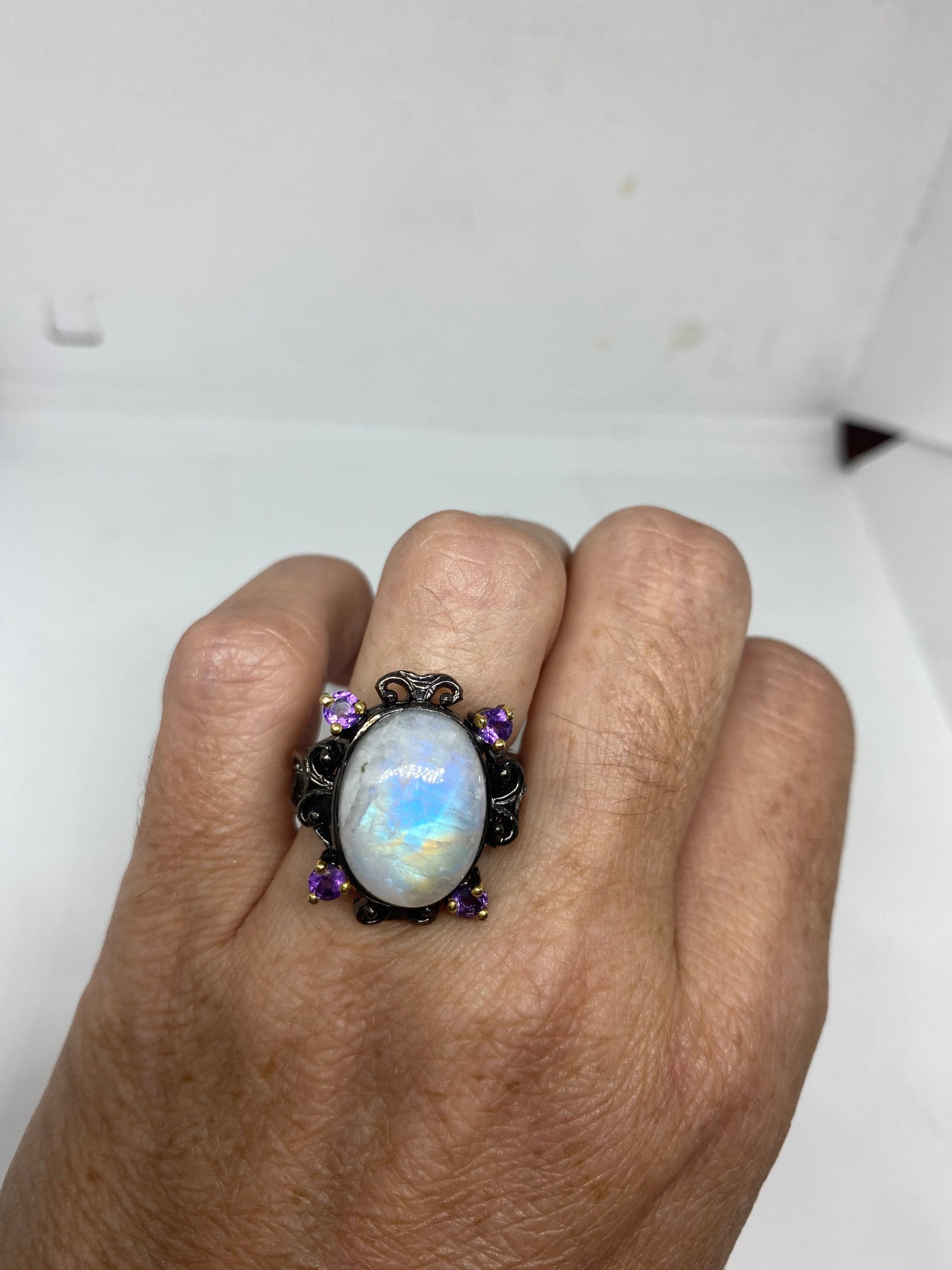 Vintage Rainbow Moonstone Ring 925 Sterling Silver