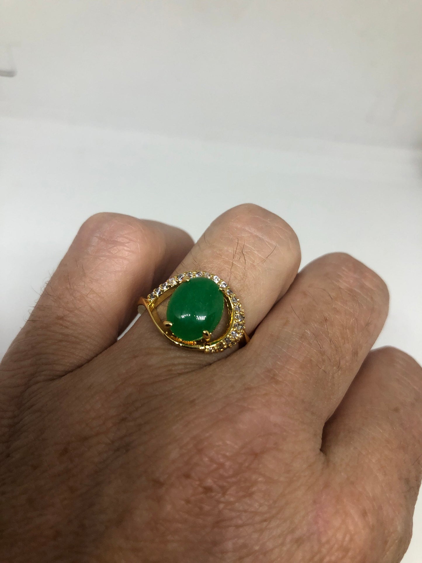 Vintage Lucky Green Nephrite Jade Gold Filled Cocktail Ring