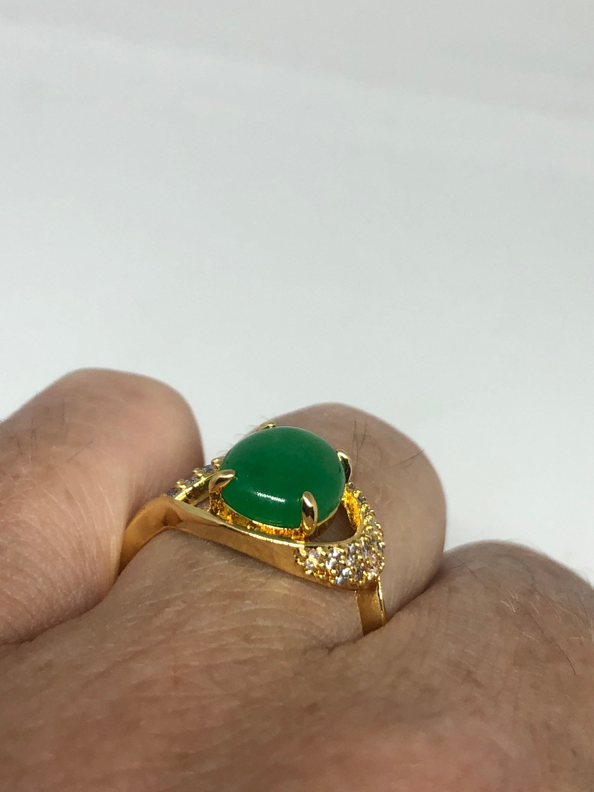 Vintage Lucky Green Nephrite Jade Gold Filled Cocktail Ring