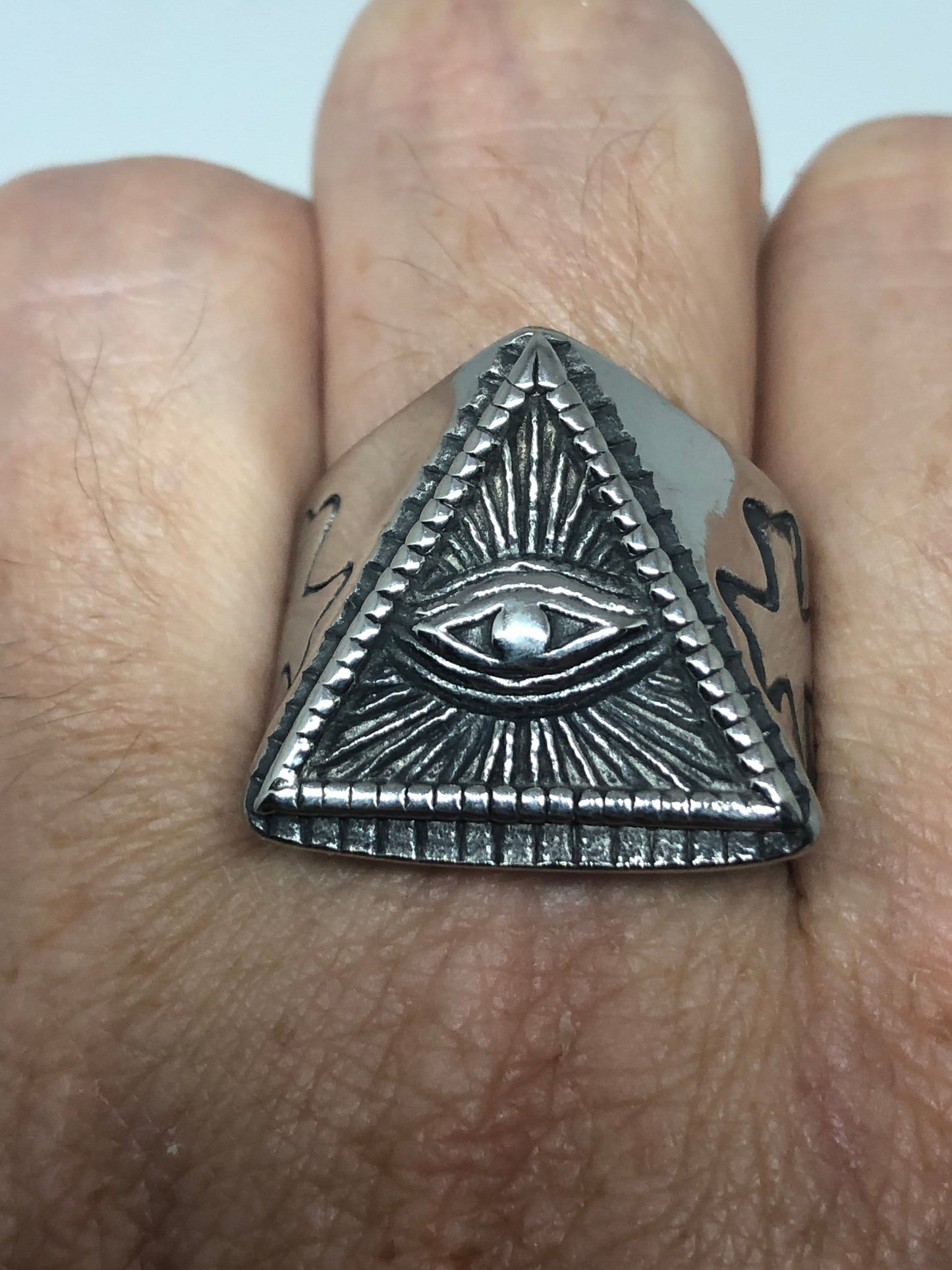 Vintage Gothic Stainless Steel Illuminati Eye Pyramid Mens Ring