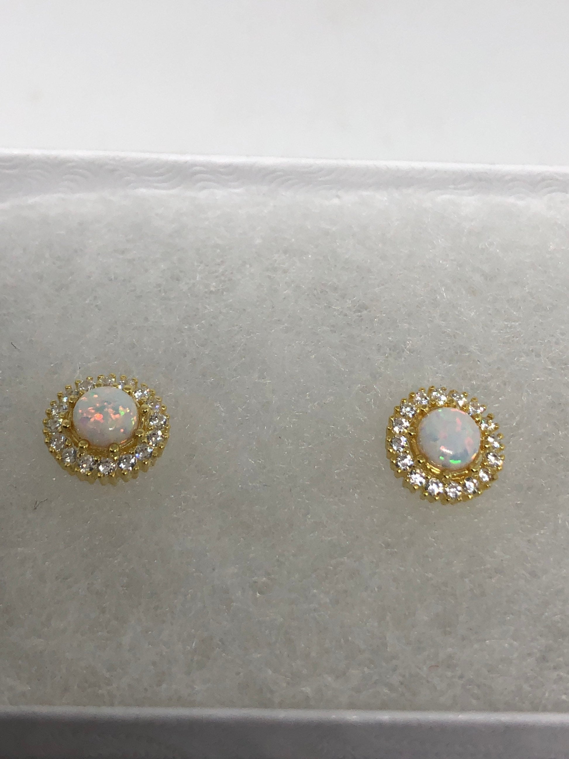 Vintage White Opal Earrings 925 Sterling Silver Stud Button