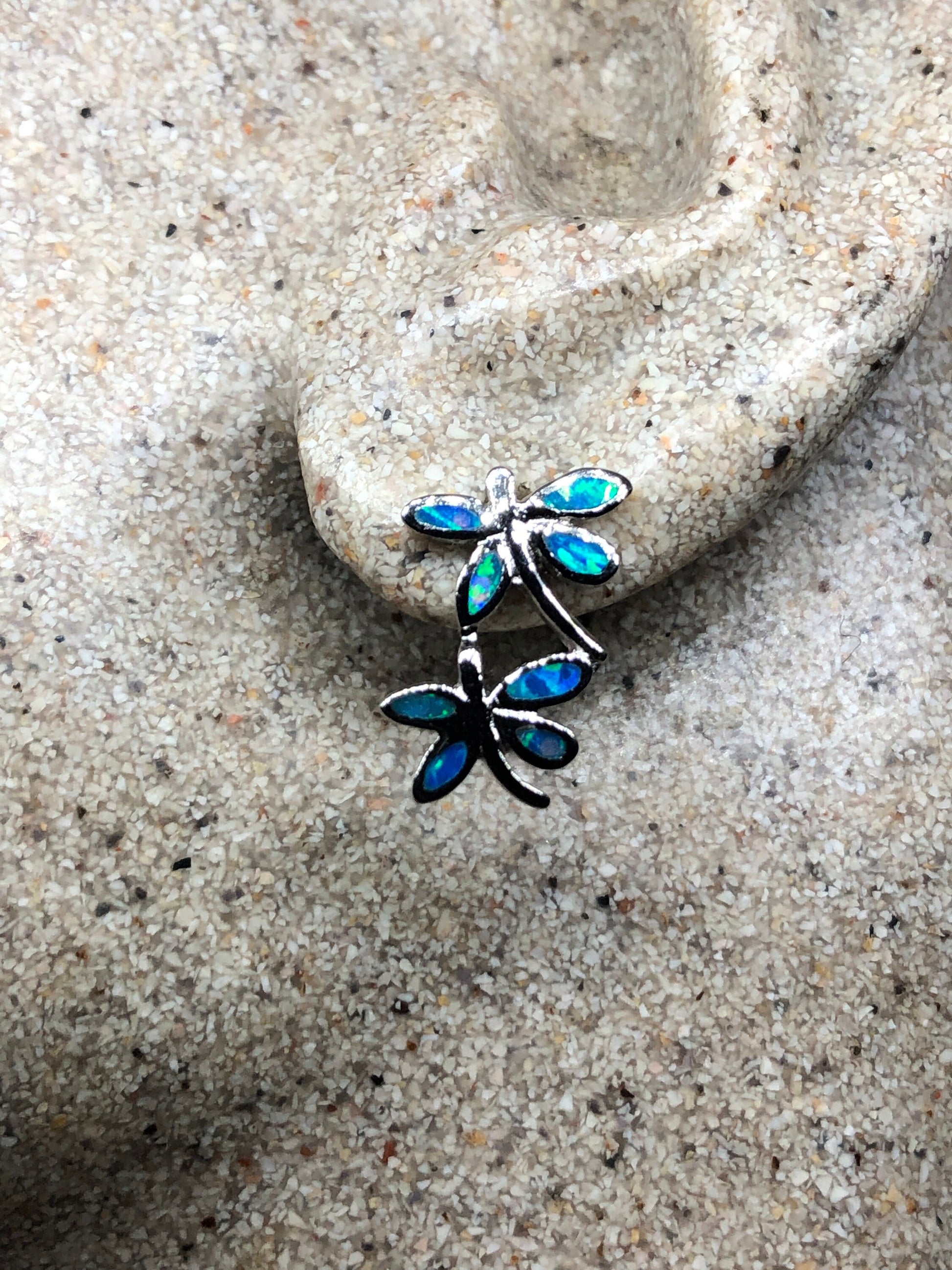 Vintage Blue Opal Dragonfly Earrings 925 Sterling Silver Stud Button