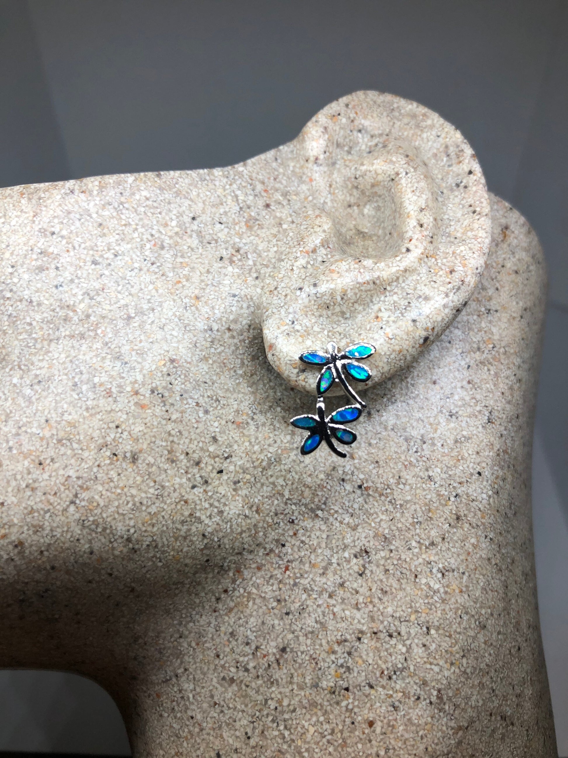 Vintage Blue Opal Dragonfly Earrings 925 Sterling Silver Stud Button