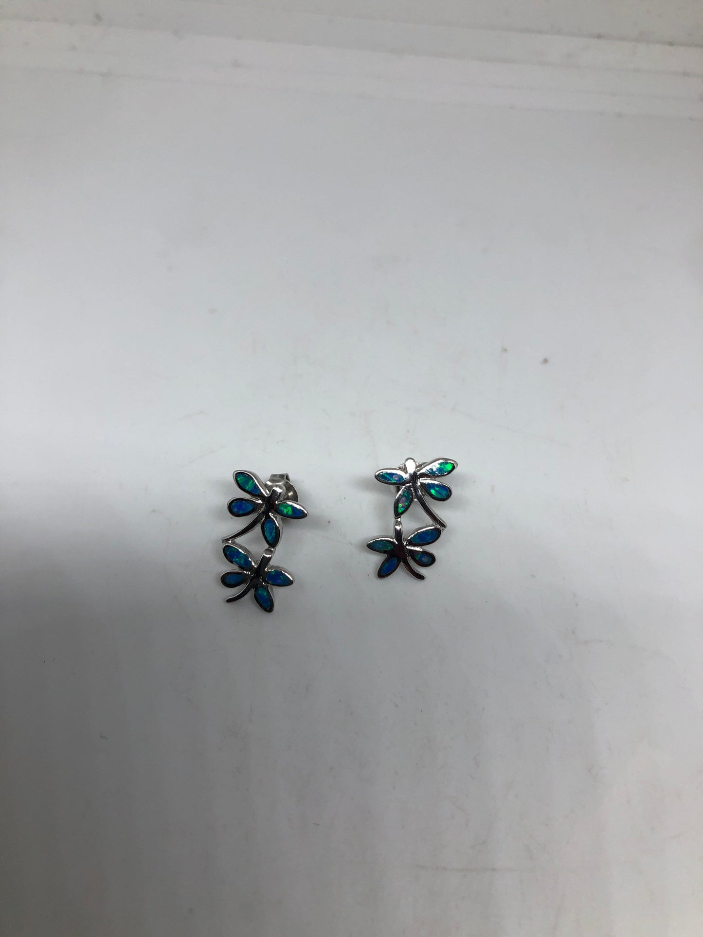 Vintage Blue Opal Dragonfly Earrings 925 Sterling Silver Stud Button