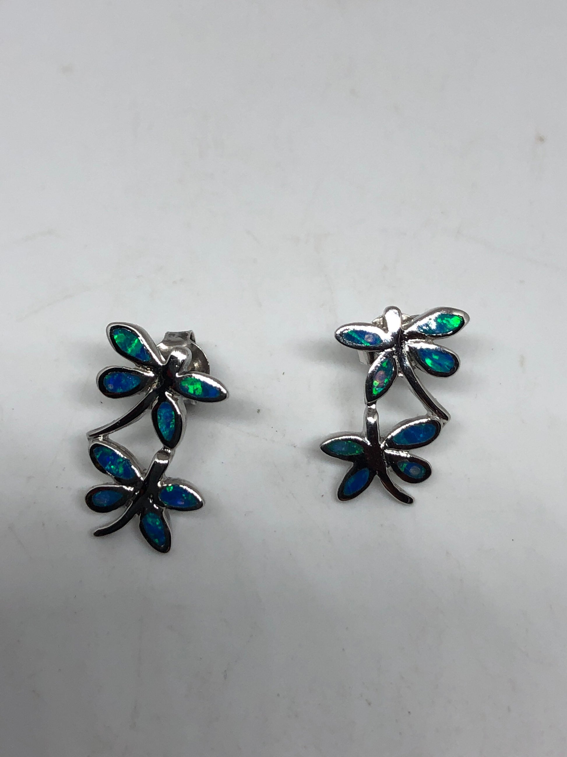 Vintage Blue Opal Dragonfly Earrings 925 Sterling Silver Stud Button