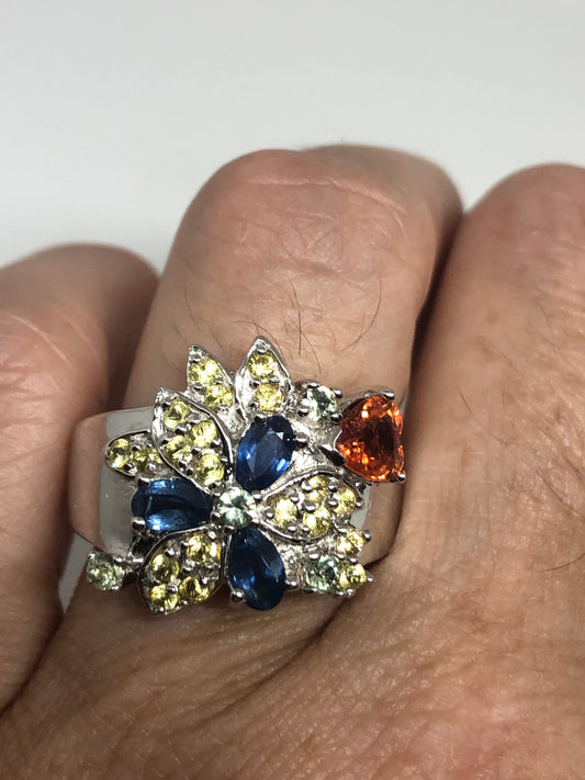 Vintage Blue Sapphire, White Sapphire Garnet Heart and Citrines Ring 925 Sterling Silver Size 7