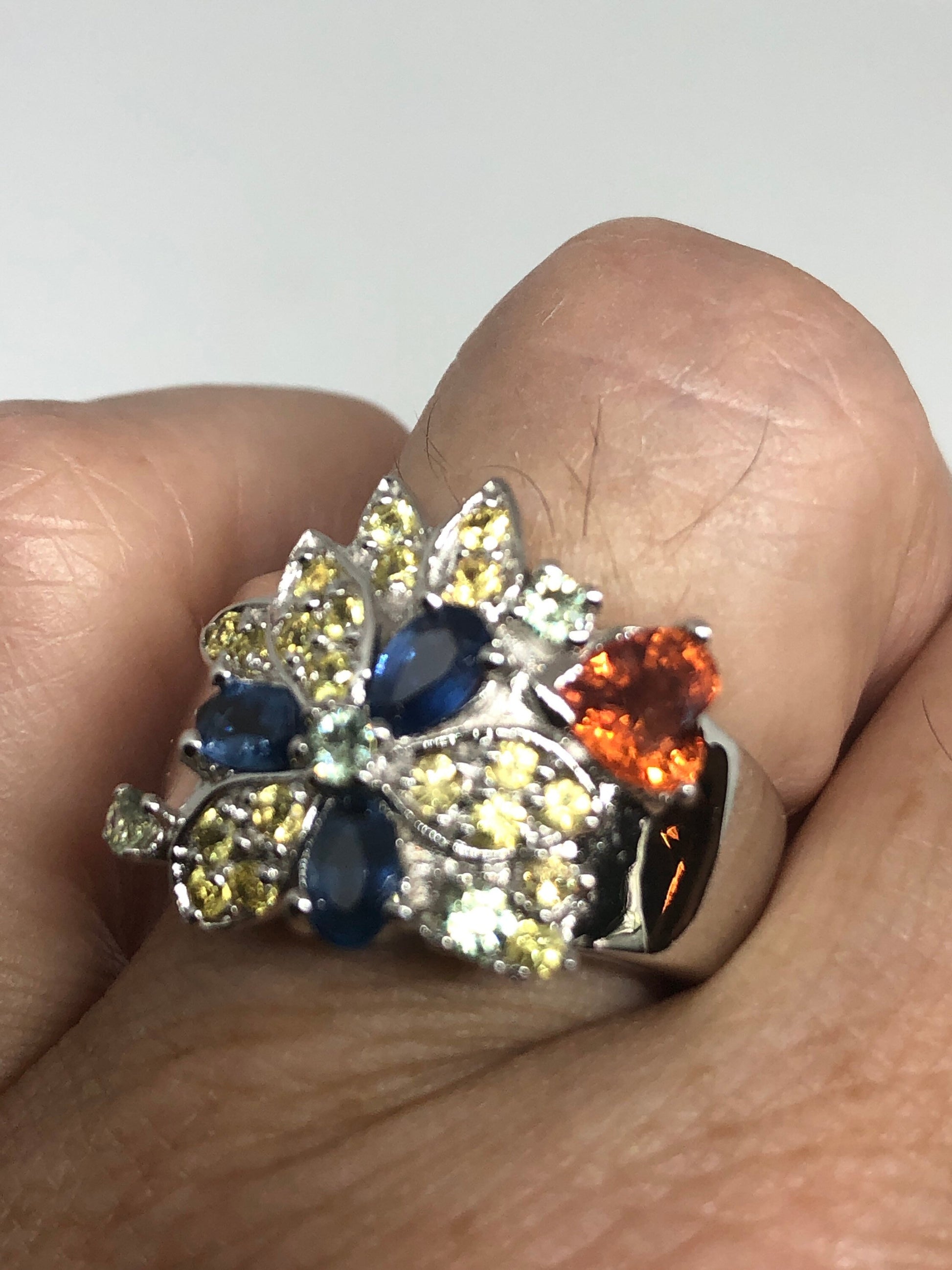 Vintage Blue Sapphire, White Sapphire Garnet Heart and Citrines Ring 925 Sterling Silver Size 7