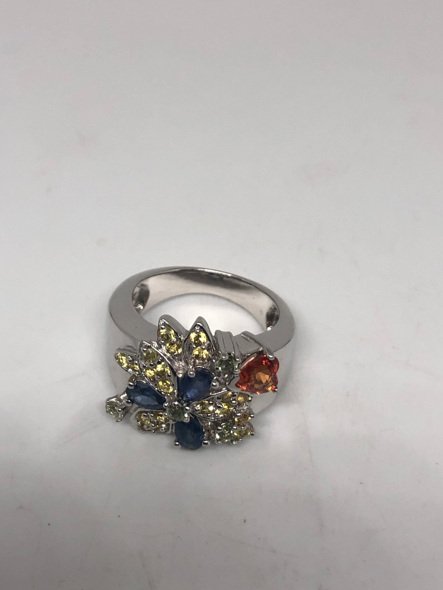 Vintage Blue Sapphire, White Sapphire Garnet Heart and Citrines Ring 925 Sterling Silver Size 7