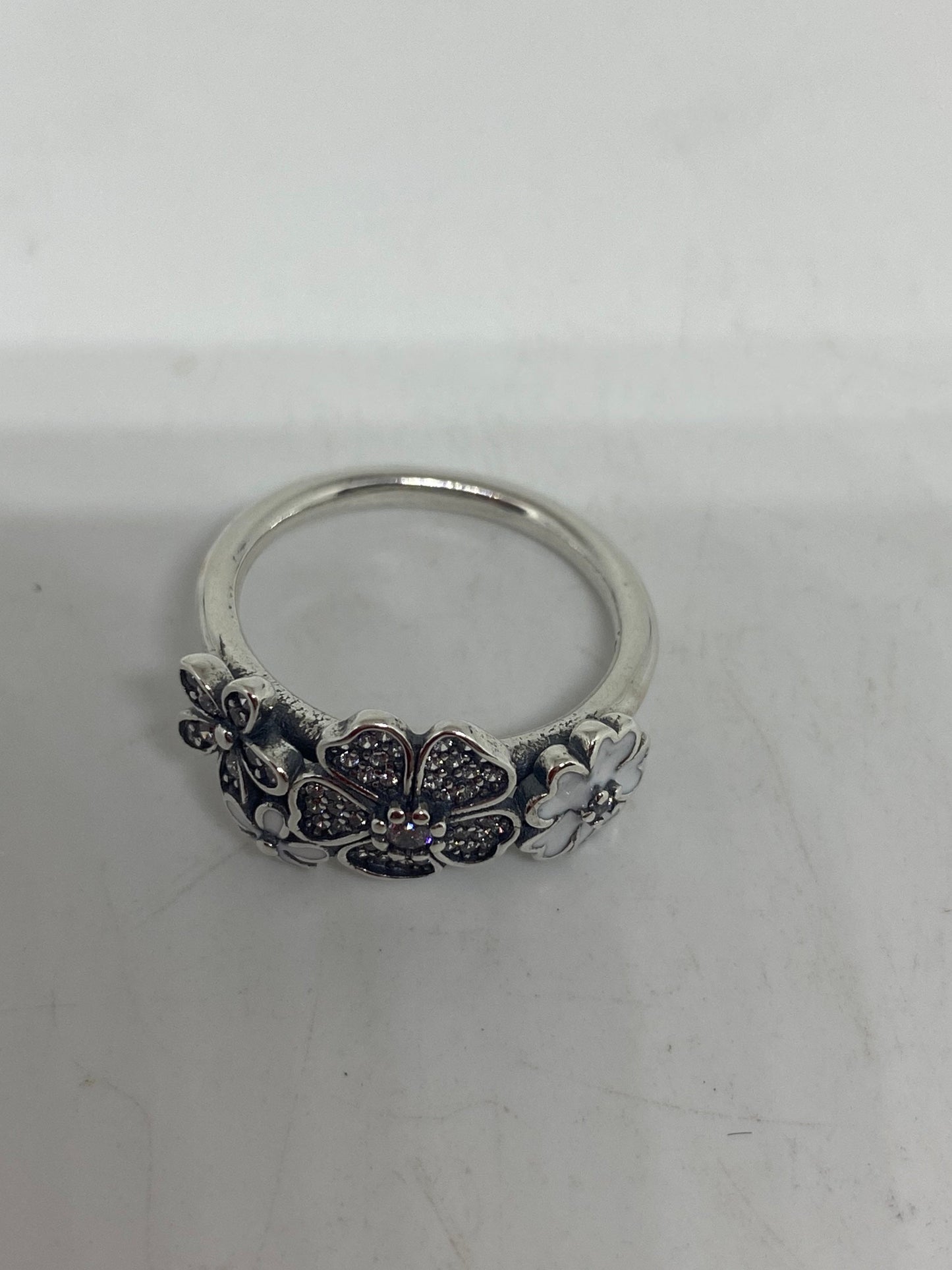 Brooklyn Line Micro Cubic Zirconia Crystal White Enamel Flower Sterling Silver Band Ring