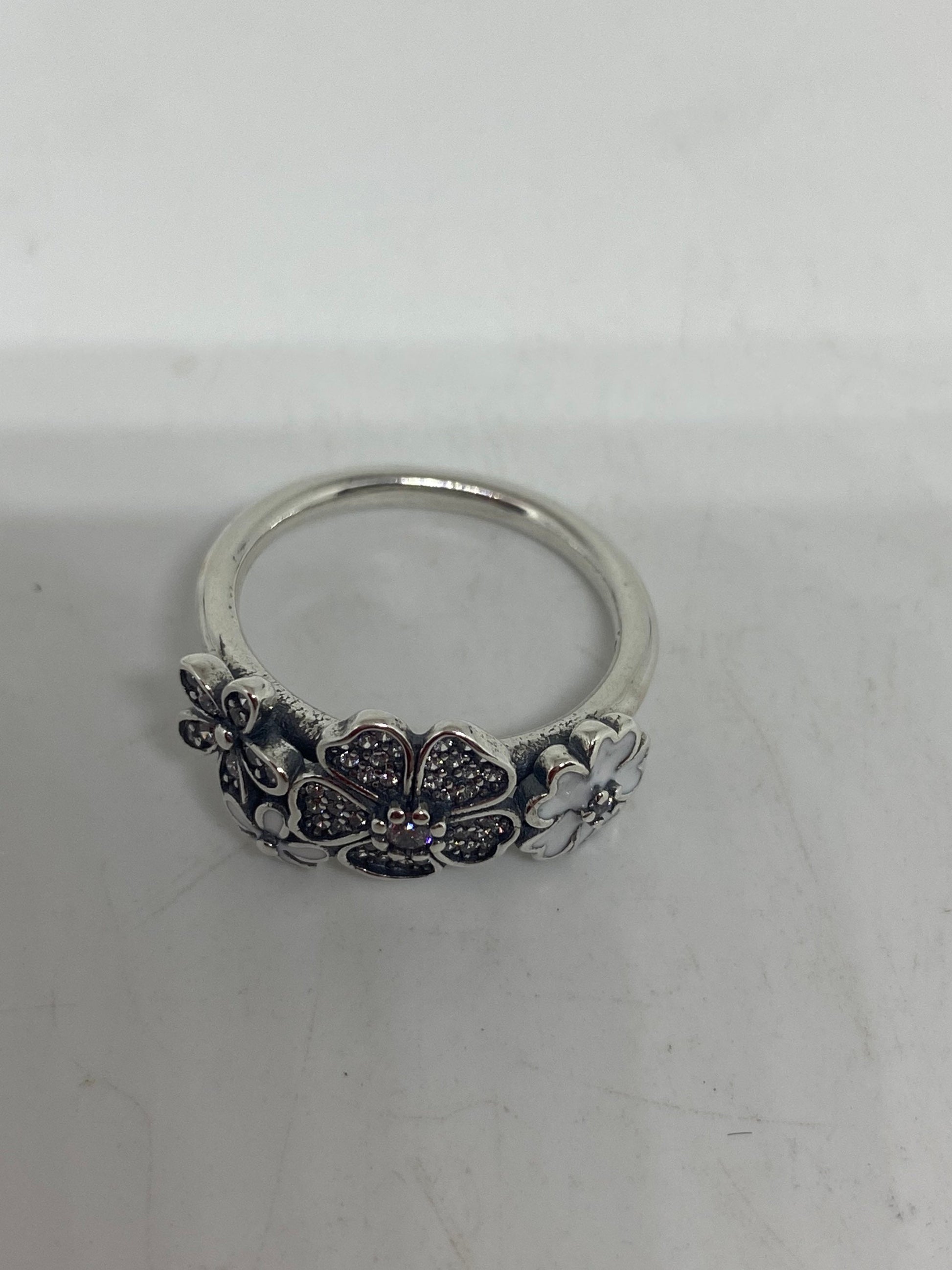 Brooklyn Line Micro Cubic Zirconia Crystal White Enamel Flower Sterling Silver Band Ring