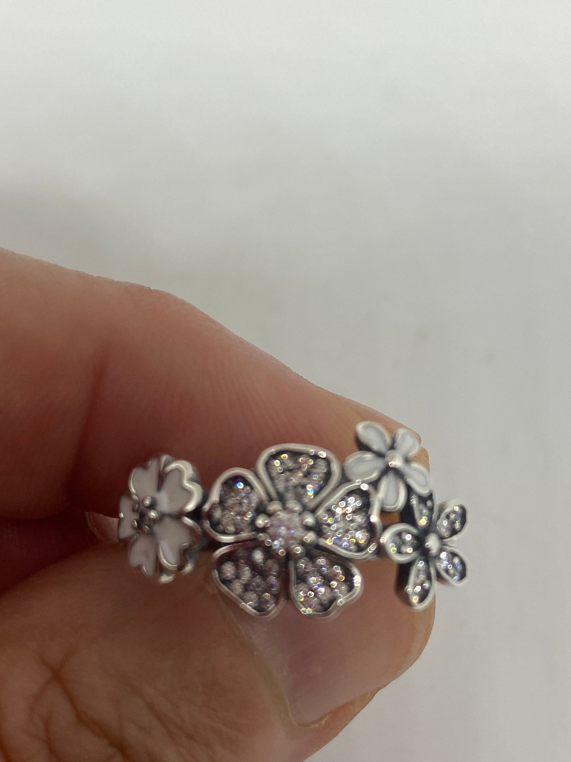 Brooklyn Line Micro Cubic Zirconia Crystal White Enamel Flower Sterling Silver Band Ring