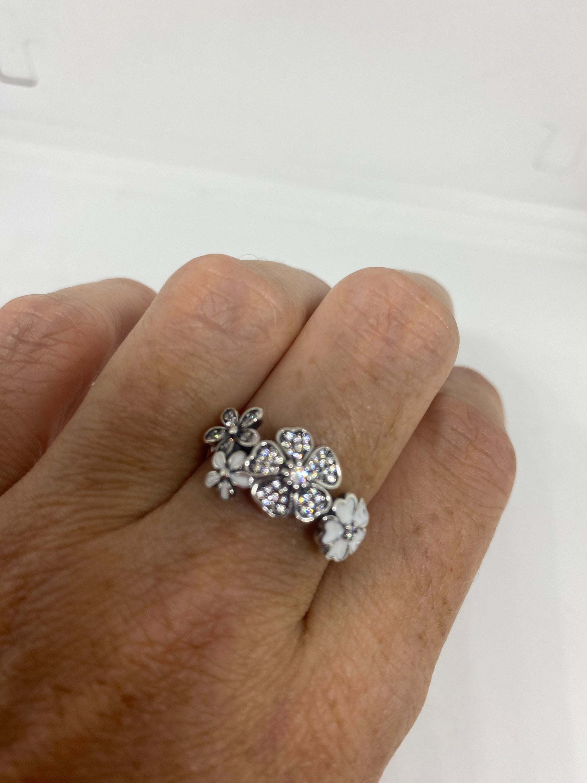 Brooklyn Line Micro Cubic Zirconia Crystal White Enamel Flower Sterling Silver Band Ring