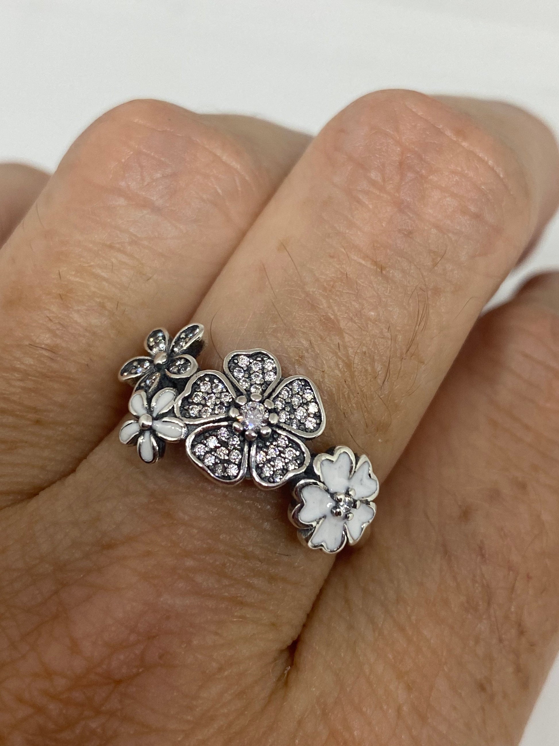 Brooklyn Line Micro Cubic Zirconia Crystal White Enamel Flower Sterling Silver Band Ring