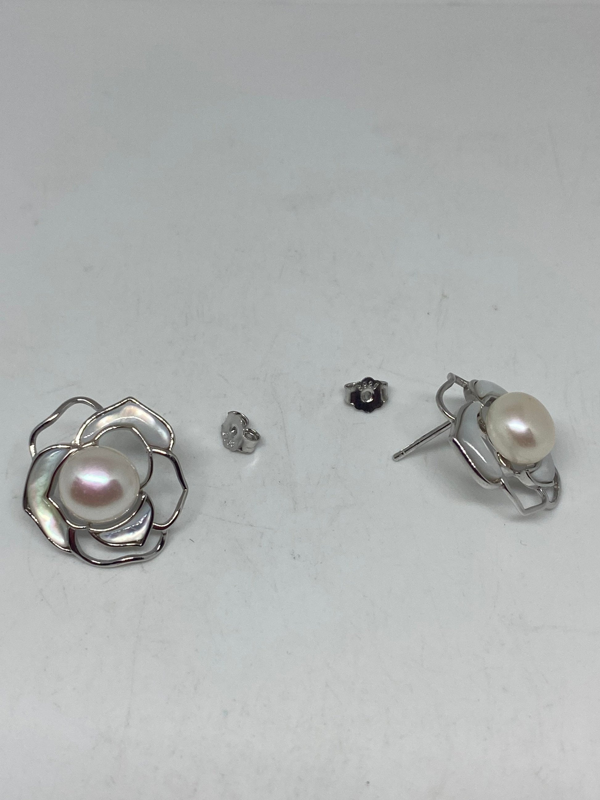 Vintage Genuine White Pearl 925 Sterling Silver Button Rose Earrings