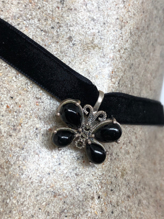 Vintage Black Onyx Marcasite Butterfly Choker 925 Sterling Silver Deco Pendant Necklace