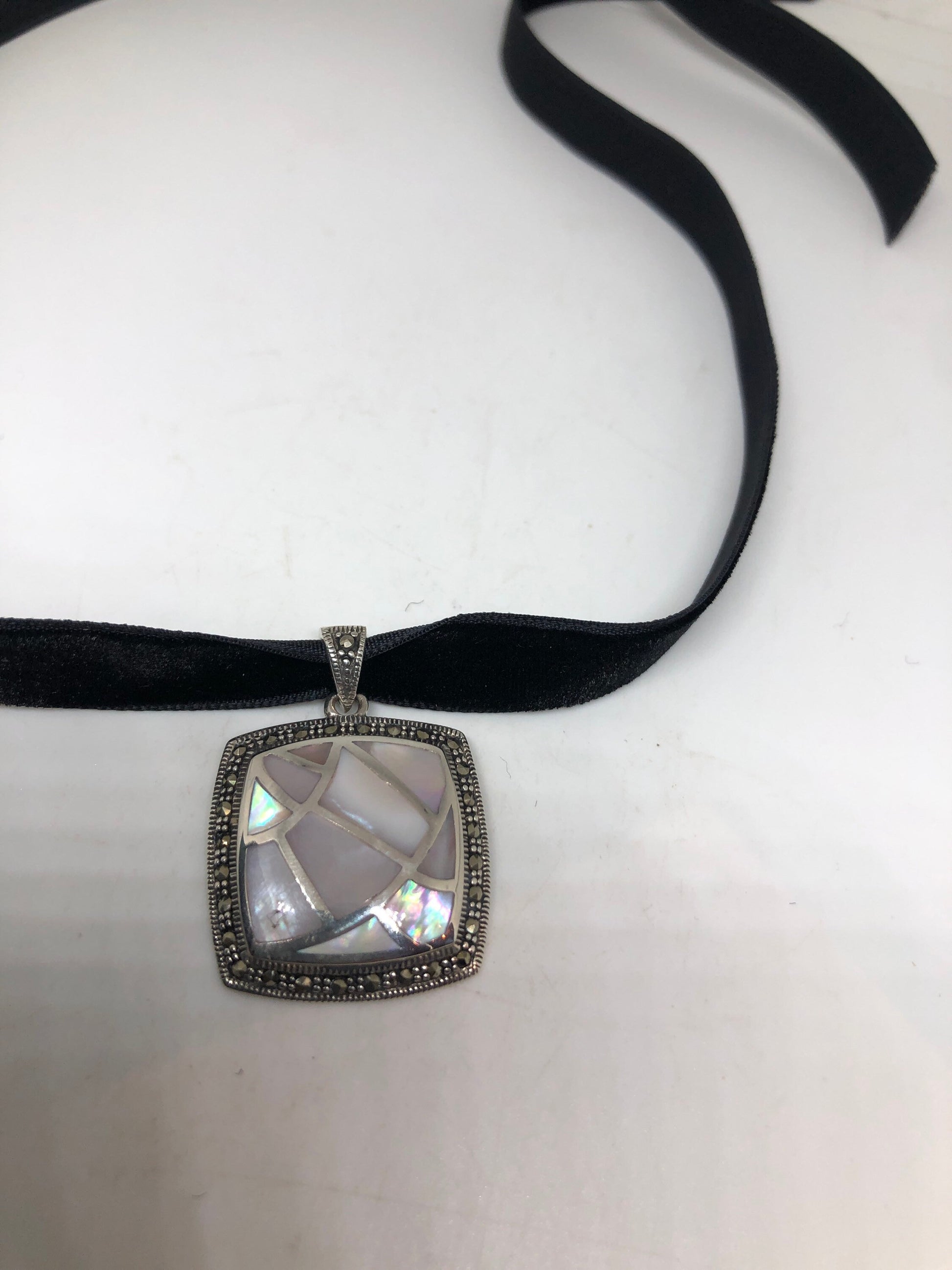 Vintage Deco Marcasite 925 Sterling Silver Mother of Pearl Deco Pendant Necklace