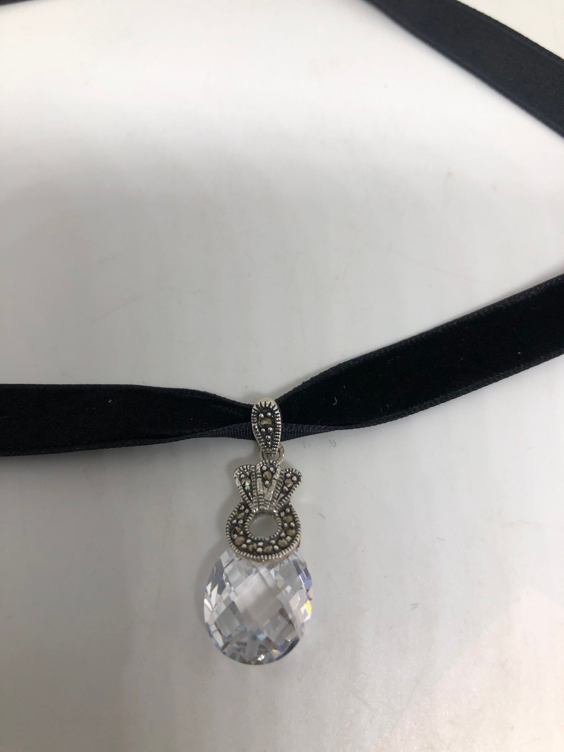 Vintage 925 Sterling Silver Clear Crystal Marcasite Choker Necklace