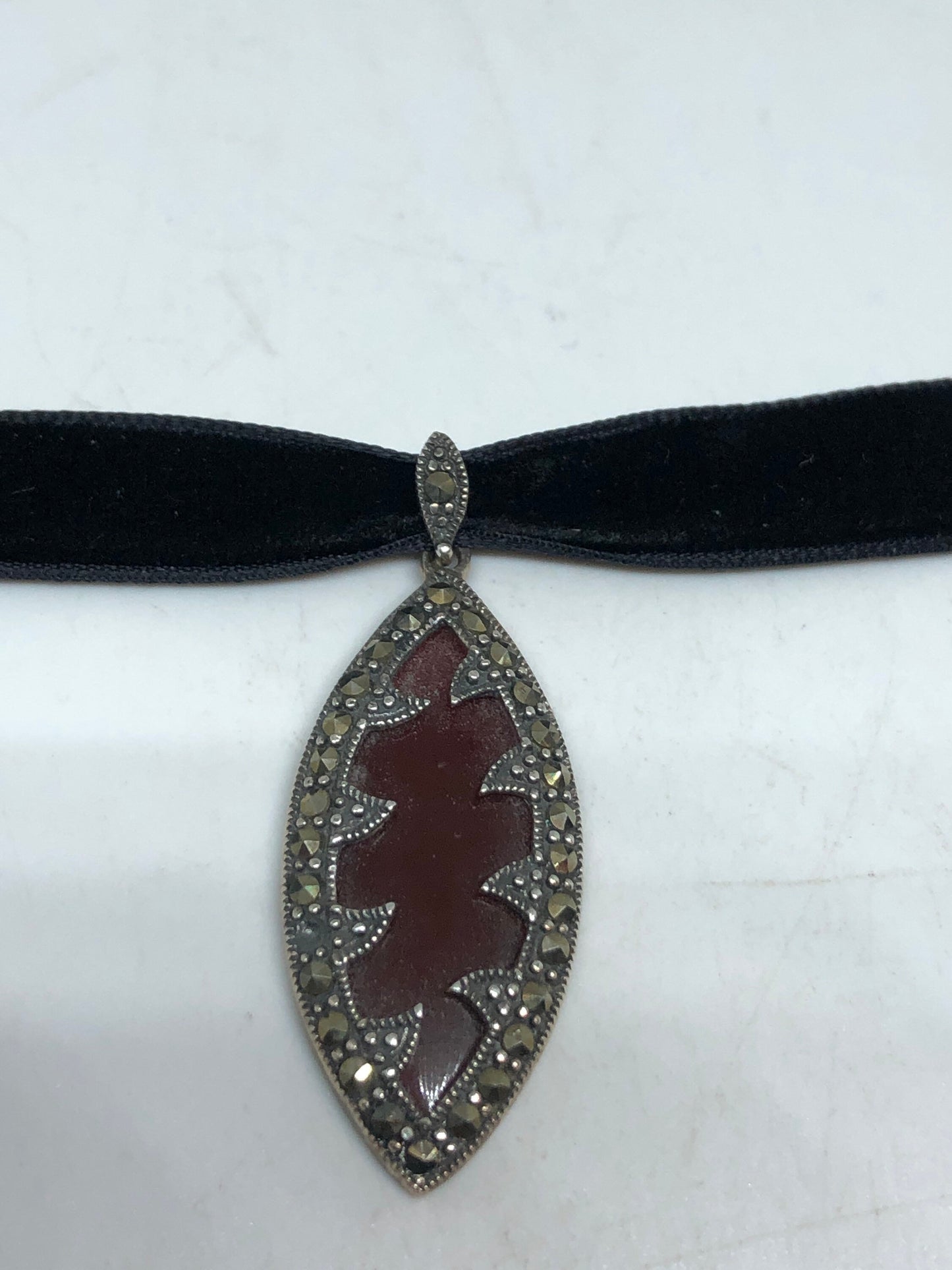 Vintage Necklace, Sterling Silver Marcasite Carnelian Choker